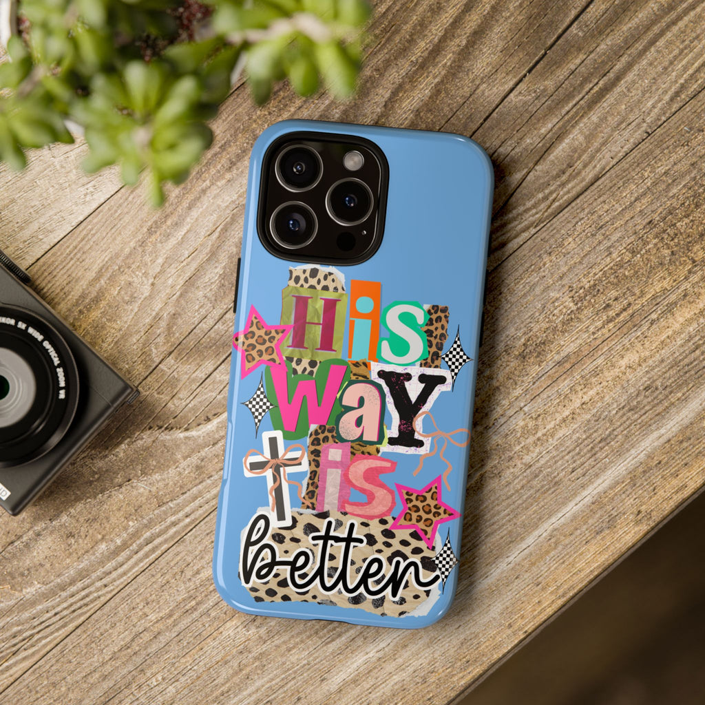 Phone Case — "His Way Is Better" Colorful Christian Cross Design (Leopard & Stars)