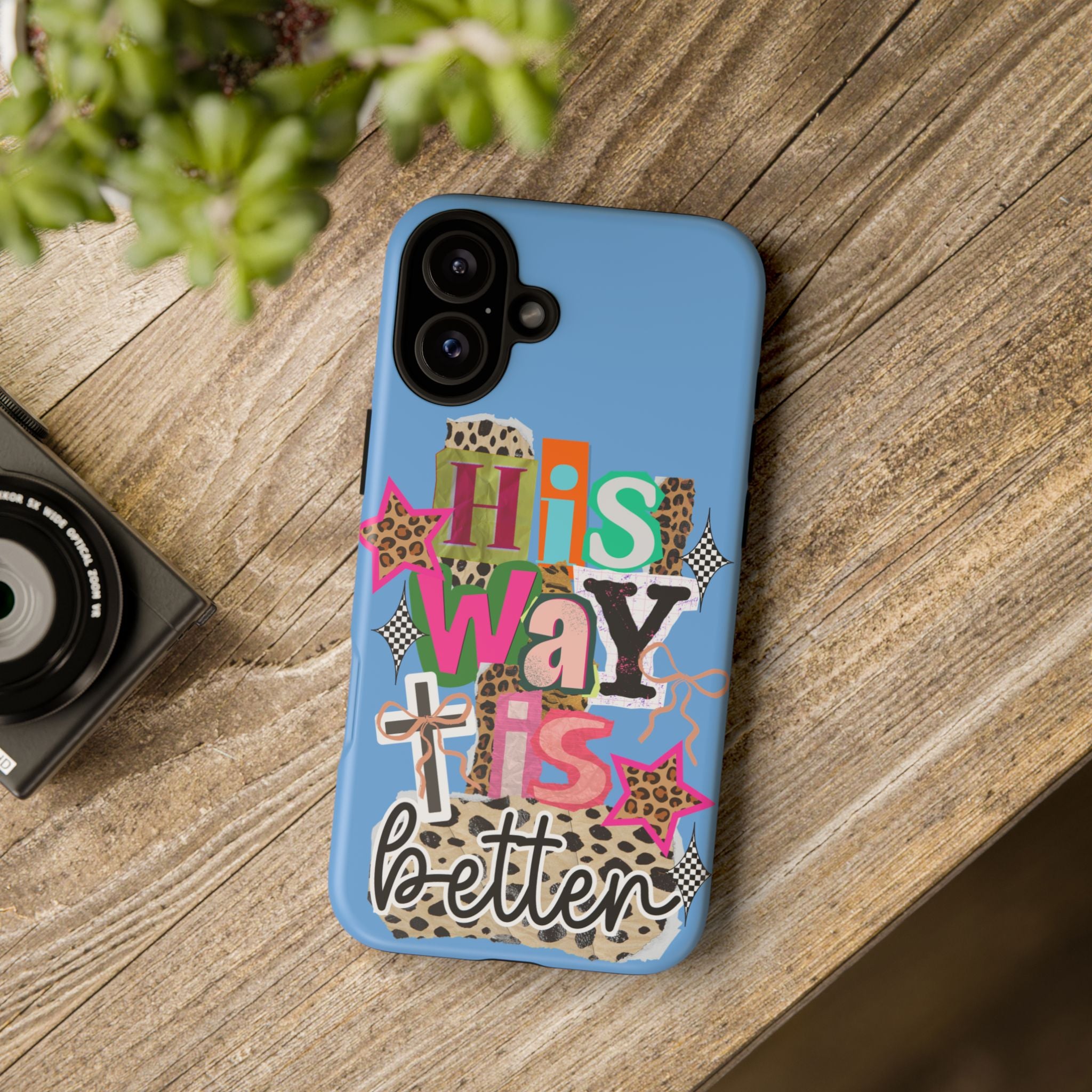 Phone Case — "His Way Is Better" Colorful Christian Cross Design (Leopard & Stars)