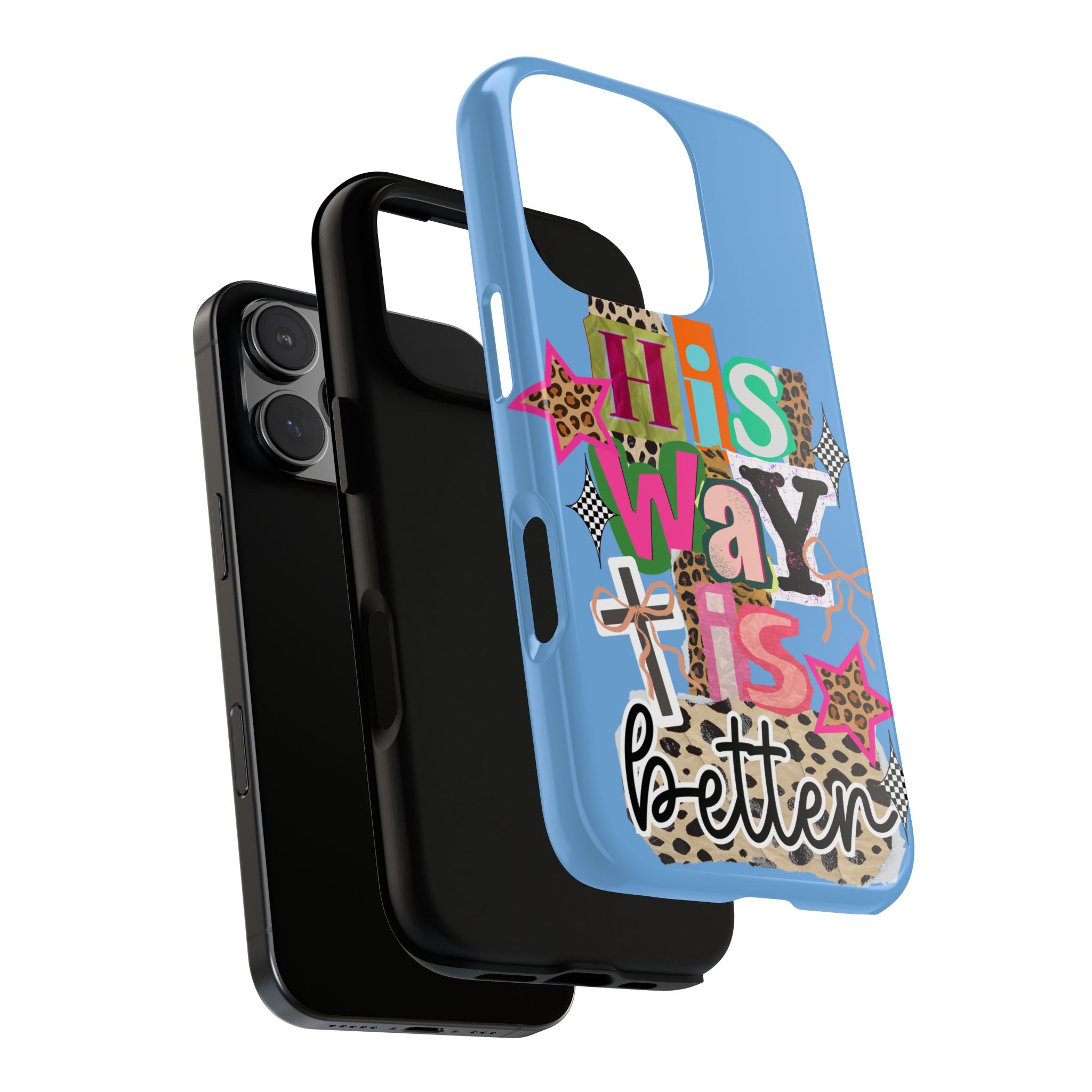 Phone Case — "His Way Is Better" Colorful Christian Cross Design (Leopard & Stars)