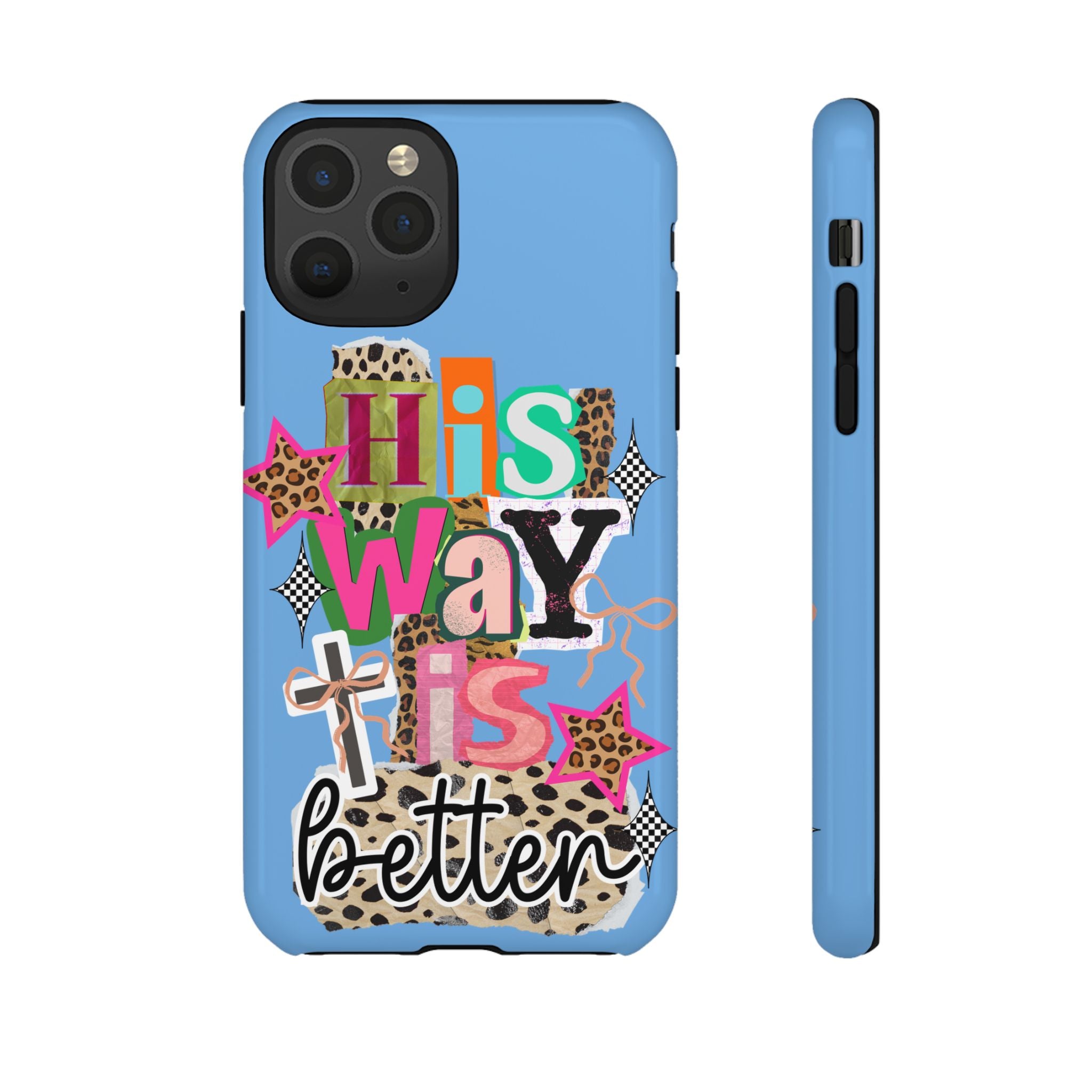 Phone Case — "His Way Is Better" Colorful Christian Cross Design (Leopard & Stars)