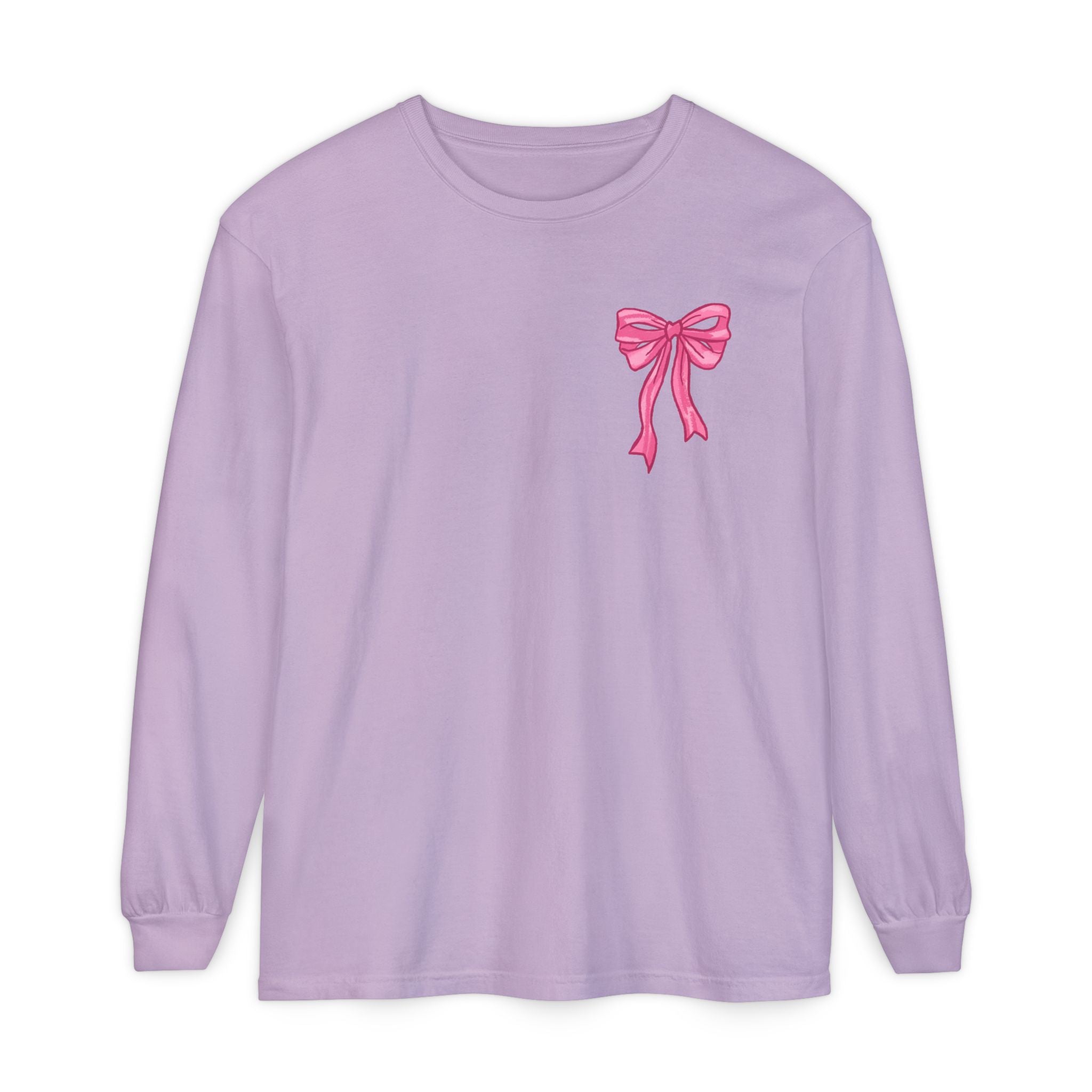 2 sided-Long Sleeve T-Shirt — “God Says I Am” Pink Bows Faith Design