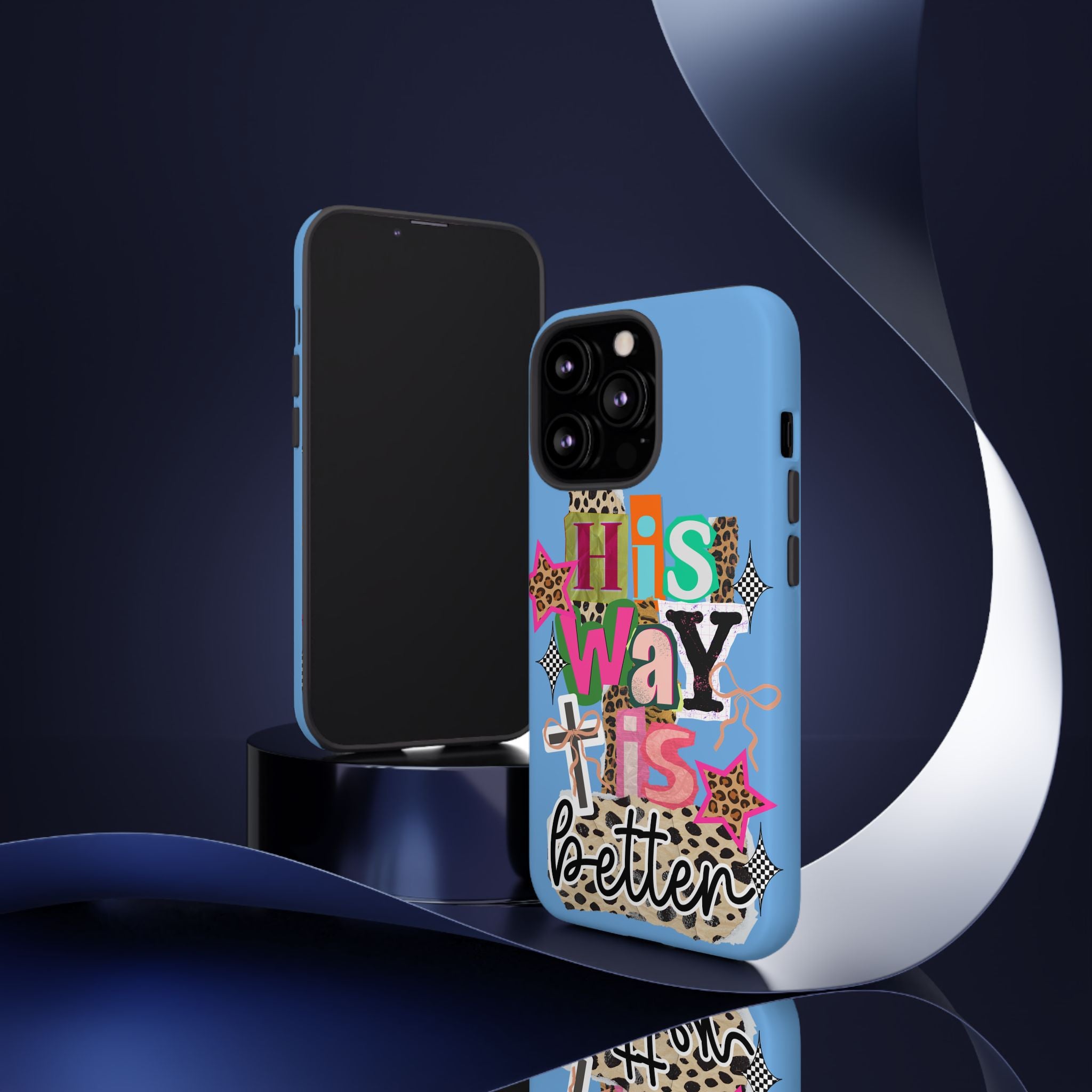 Phone Case — "His Way Is Better" Colorful Christian Cross Design (Leopard & Stars)