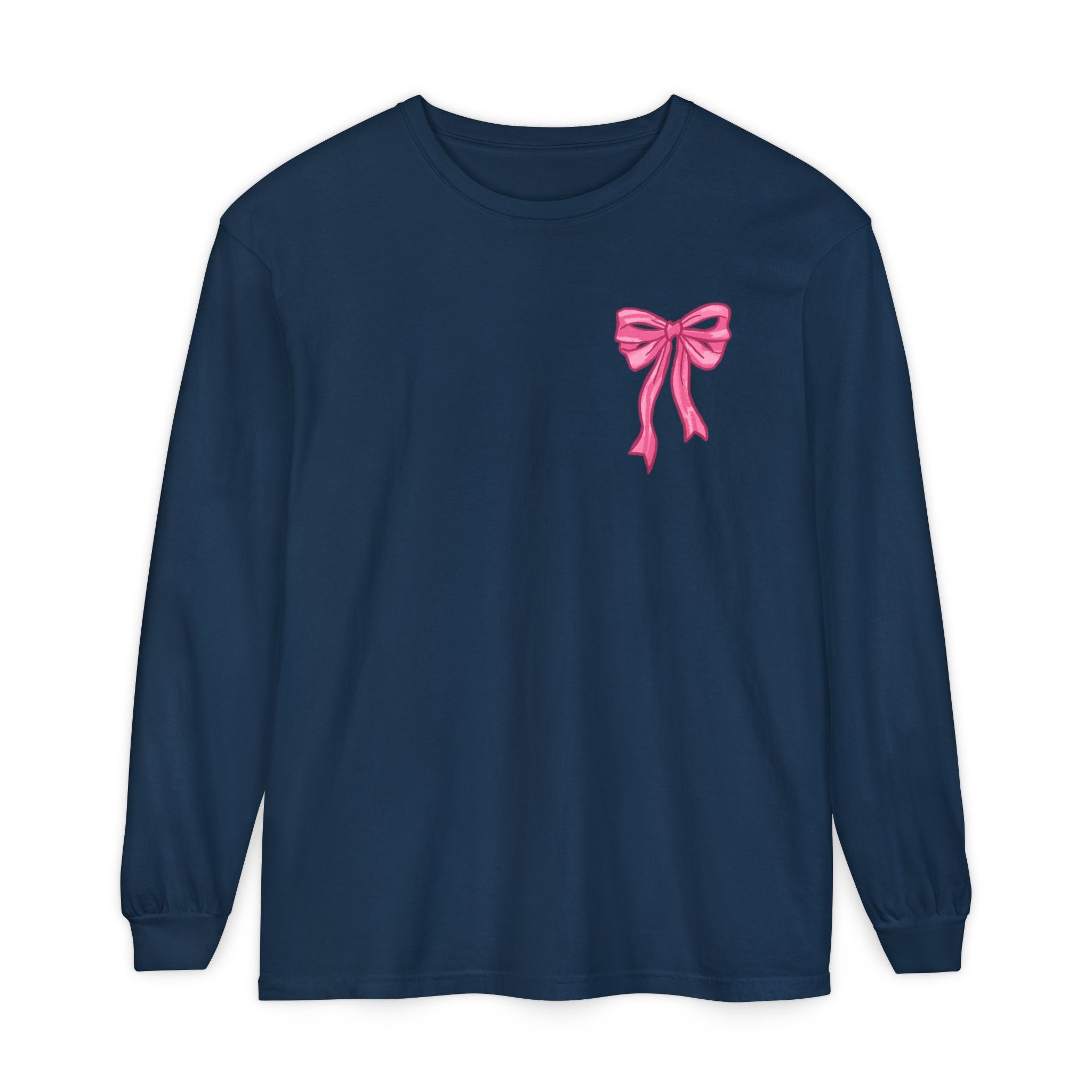2 sided-Long Sleeve T-Shirt — “God Says I Am” Pink Bows Faith Design
