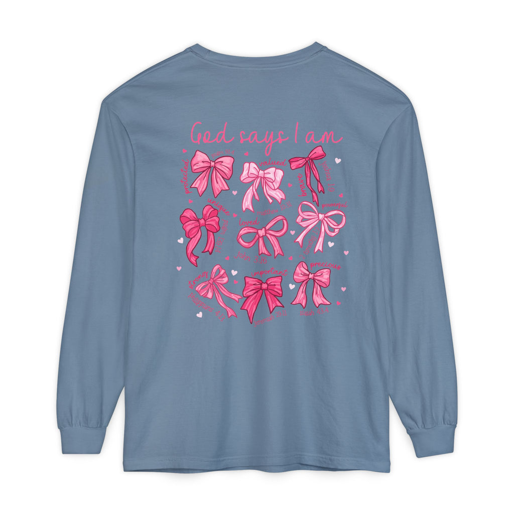 2 sided-Long Sleeve T-Shirt — “God Says I Am” Pink Bows Faith Design