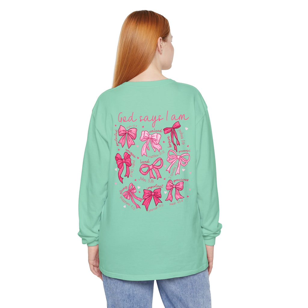 2 sided-Long Sleeve T-Shirt — “God Says I Am” Pink Bows Faith Design