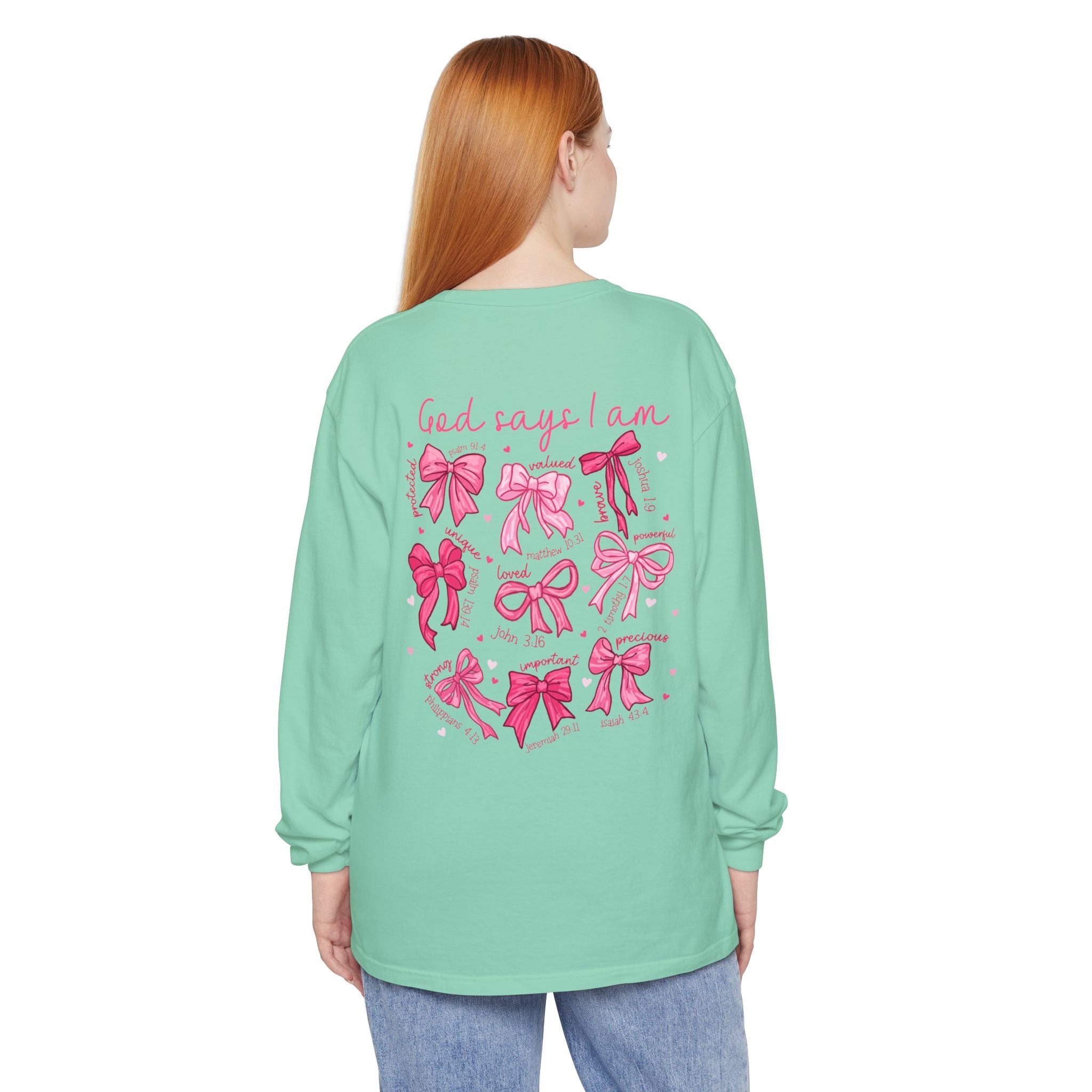 2 sided-Long Sleeve T-Shirt — “God Says I Am” Pink Bows Faith Design
