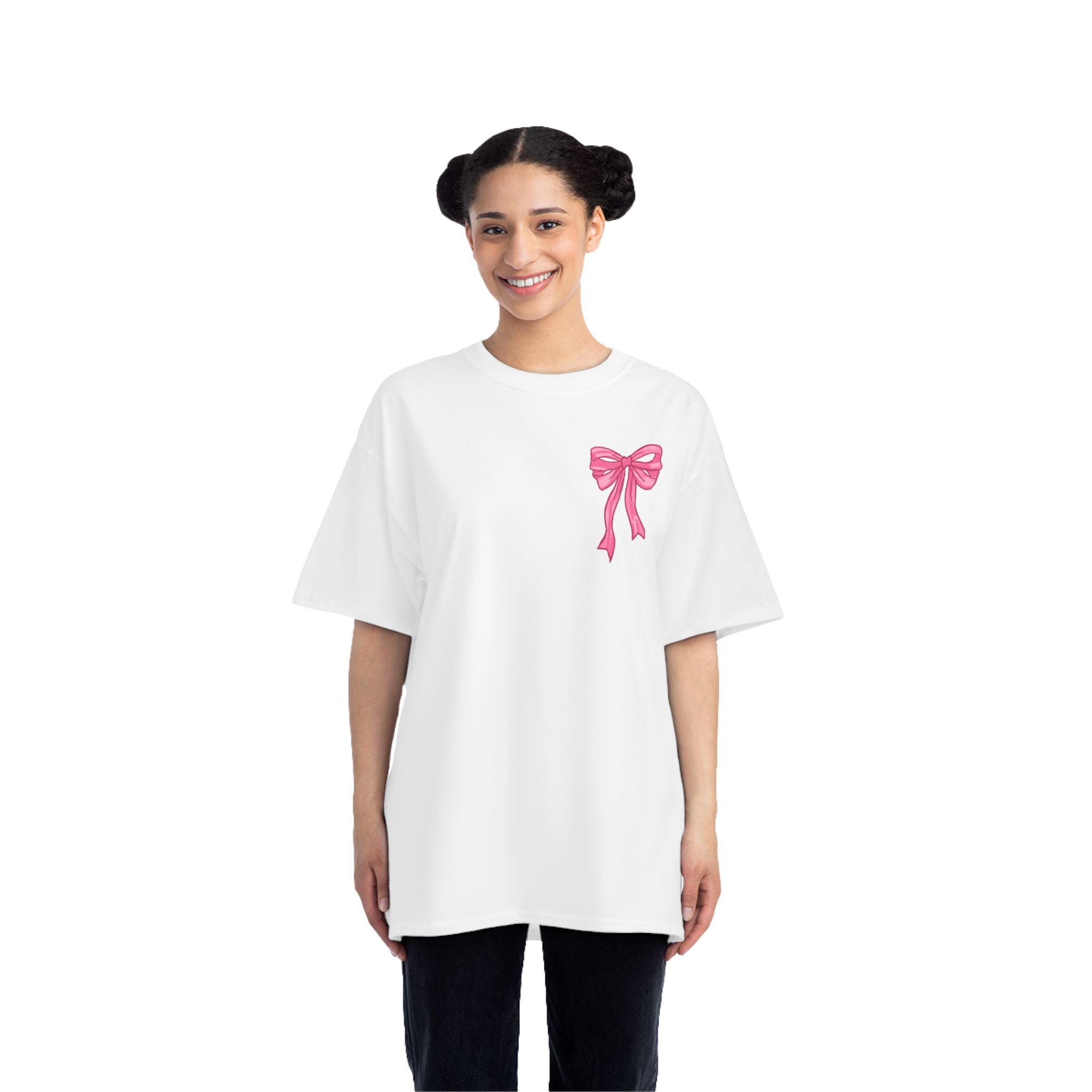 2 sided- Bow Pattern T-Shirt — 'God Says I Am' Pink Ribbon Graphic