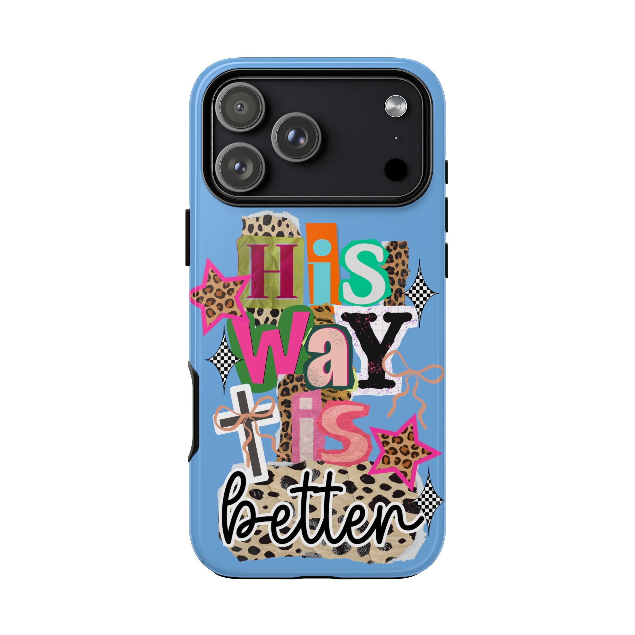 Phone Case — "His Way Is Better" Colorful Christian Cross Design (Leopard & Stars)