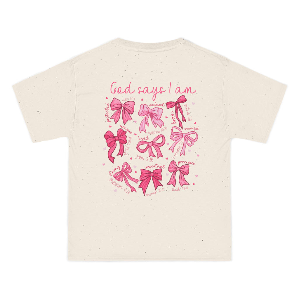 2 sided- Bow Pattern T-Shirt — 'God Says I Am' Pink Ribbon Graphic
