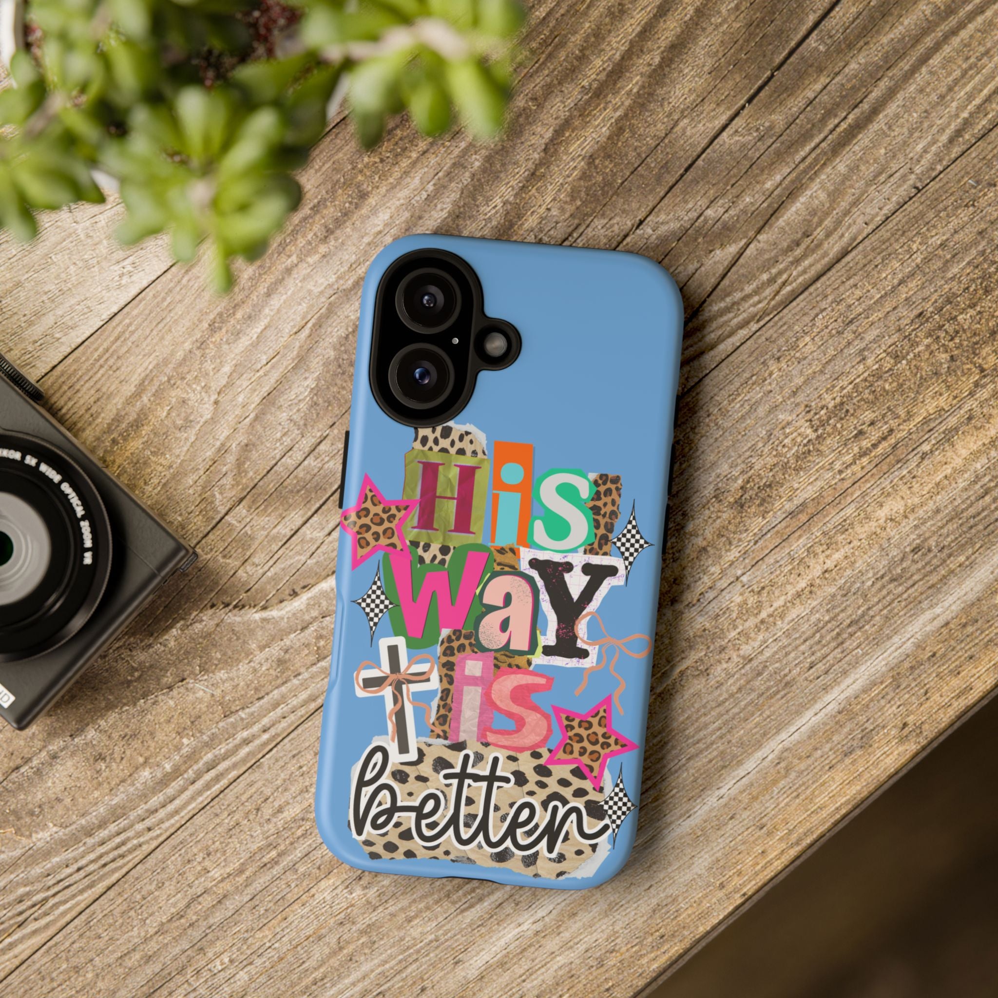 Phone Case — "His Way Is Better" Colorful Christian Cross Design (Leopard & Stars)