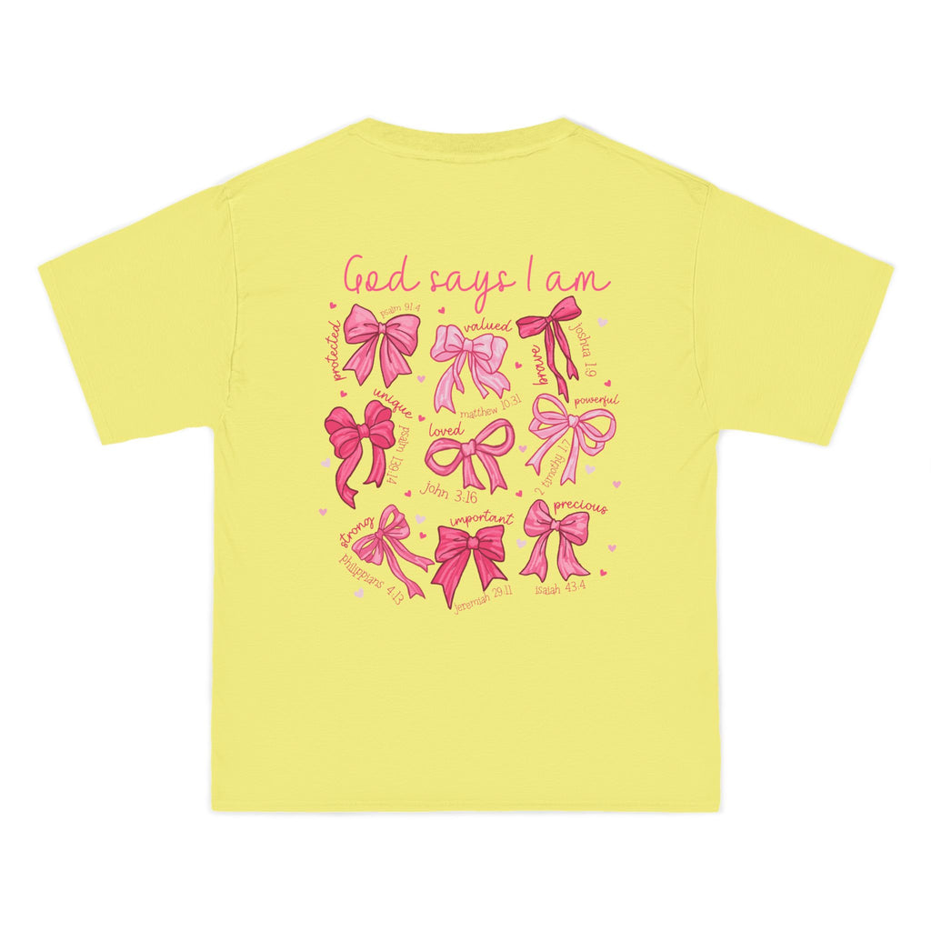2 sided- Bow Pattern T-Shirt — 'God Says I Am' Pink Ribbon Graphic