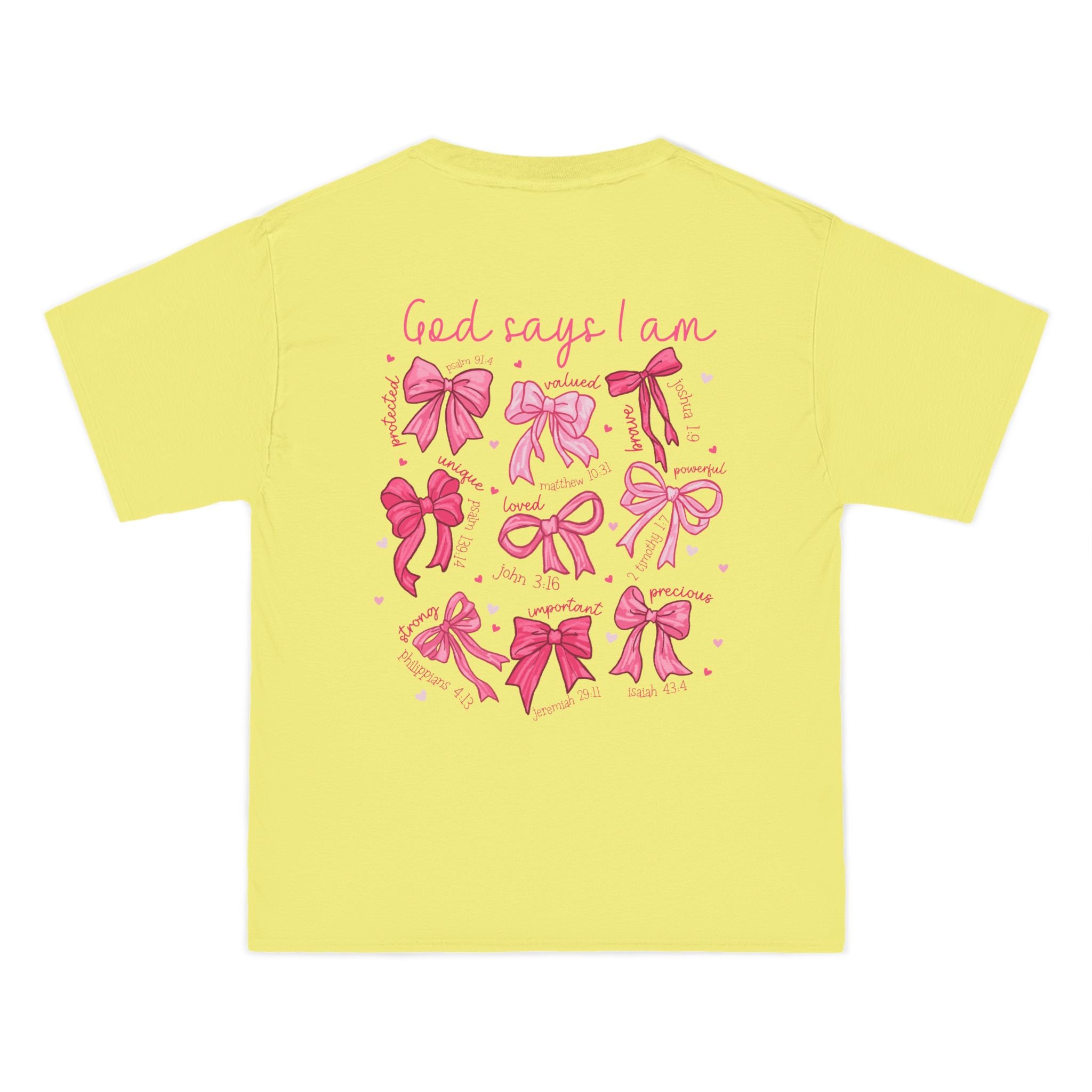 2 sided- Bow Pattern T-Shirt — 'God Says I Am' Pink Ribbon Graphic