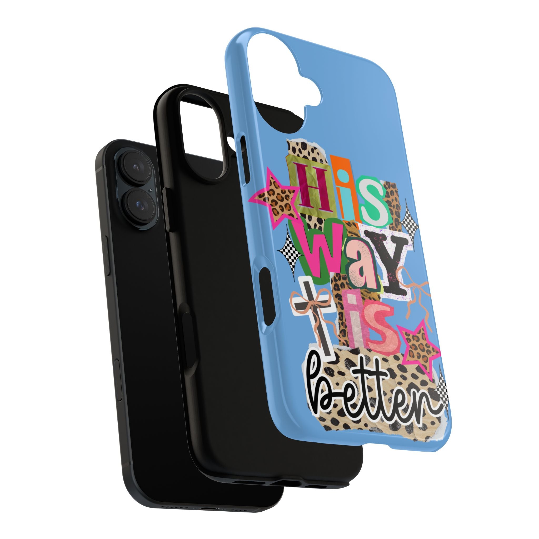 Phone Case — "His Way Is Better" Colorful Christian Cross Design (Leopard & Stars)