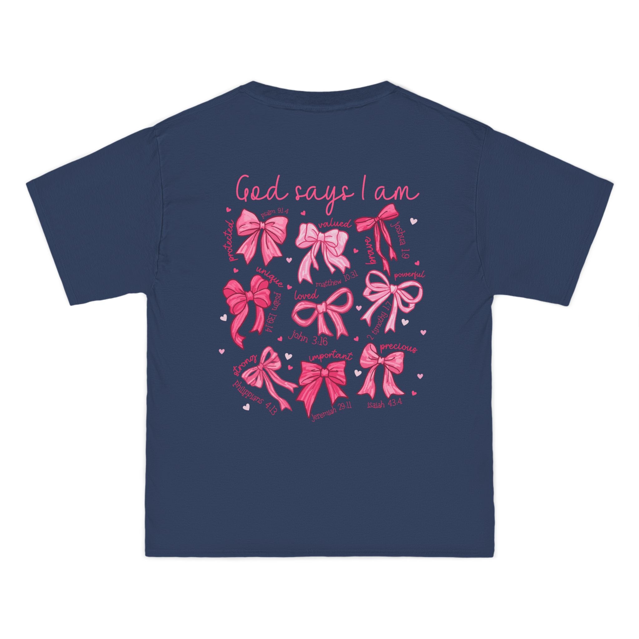 2 sided- Bow Pattern T-Shirt — 'God Says I Am' Pink Ribbon Graphic