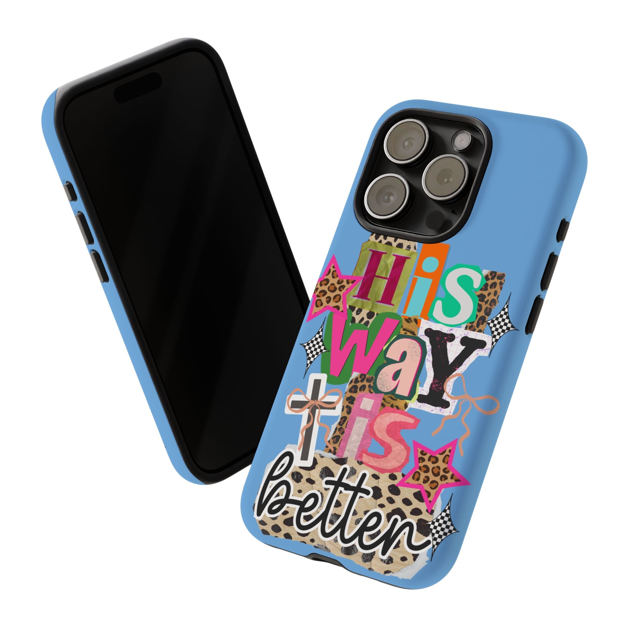 Phone Case — "His Way Is Better" Colorful Christian Cross Design (Leopard & Stars)