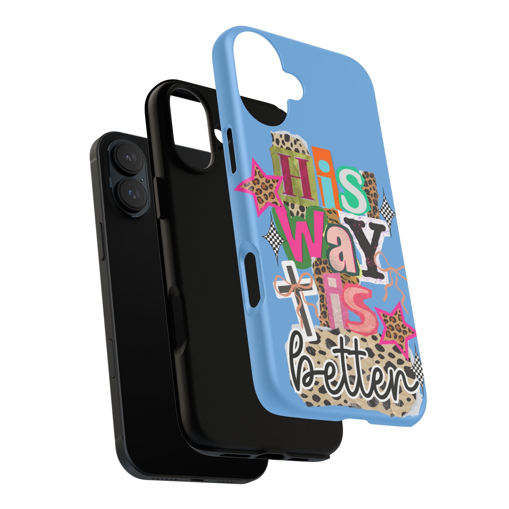 Phone Case — "His Way Is Better" Colorful Christian Cross Design (Leopard & Stars)