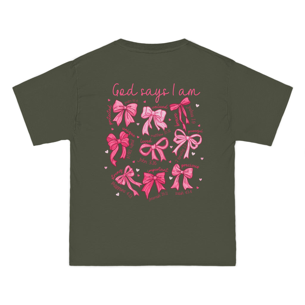 2 sided- Bow Pattern T-Shirt — 'God Says I Am' Pink Ribbon Graphic
