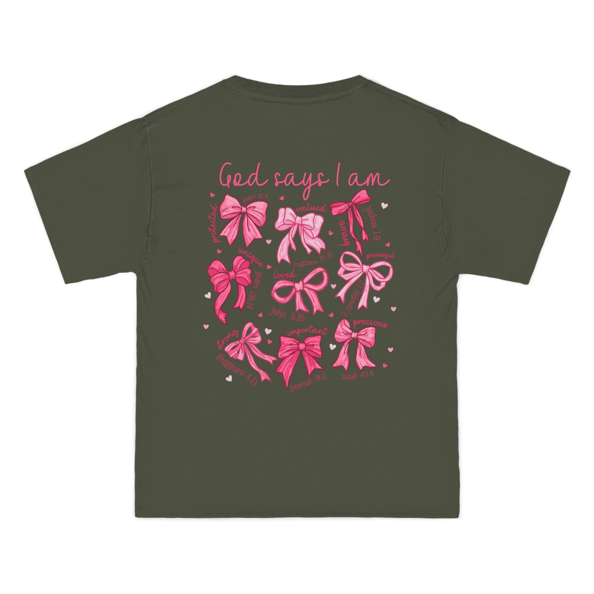 2 sided- Bow Pattern T-Shirt — 'God Says I Am' Pink Ribbon Graphic