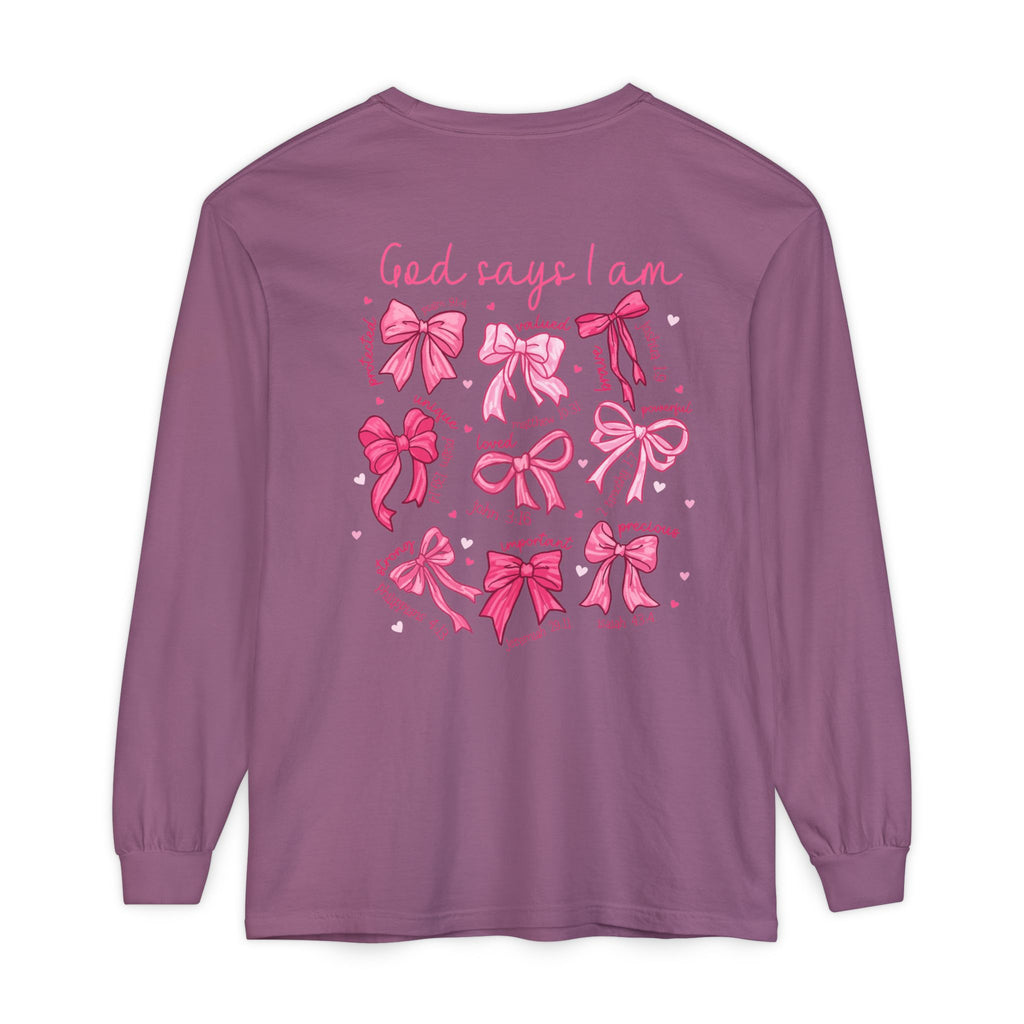 2 sided-Long Sleeve T-Shirt — “God Says I Am” Pink Bows Faith Design