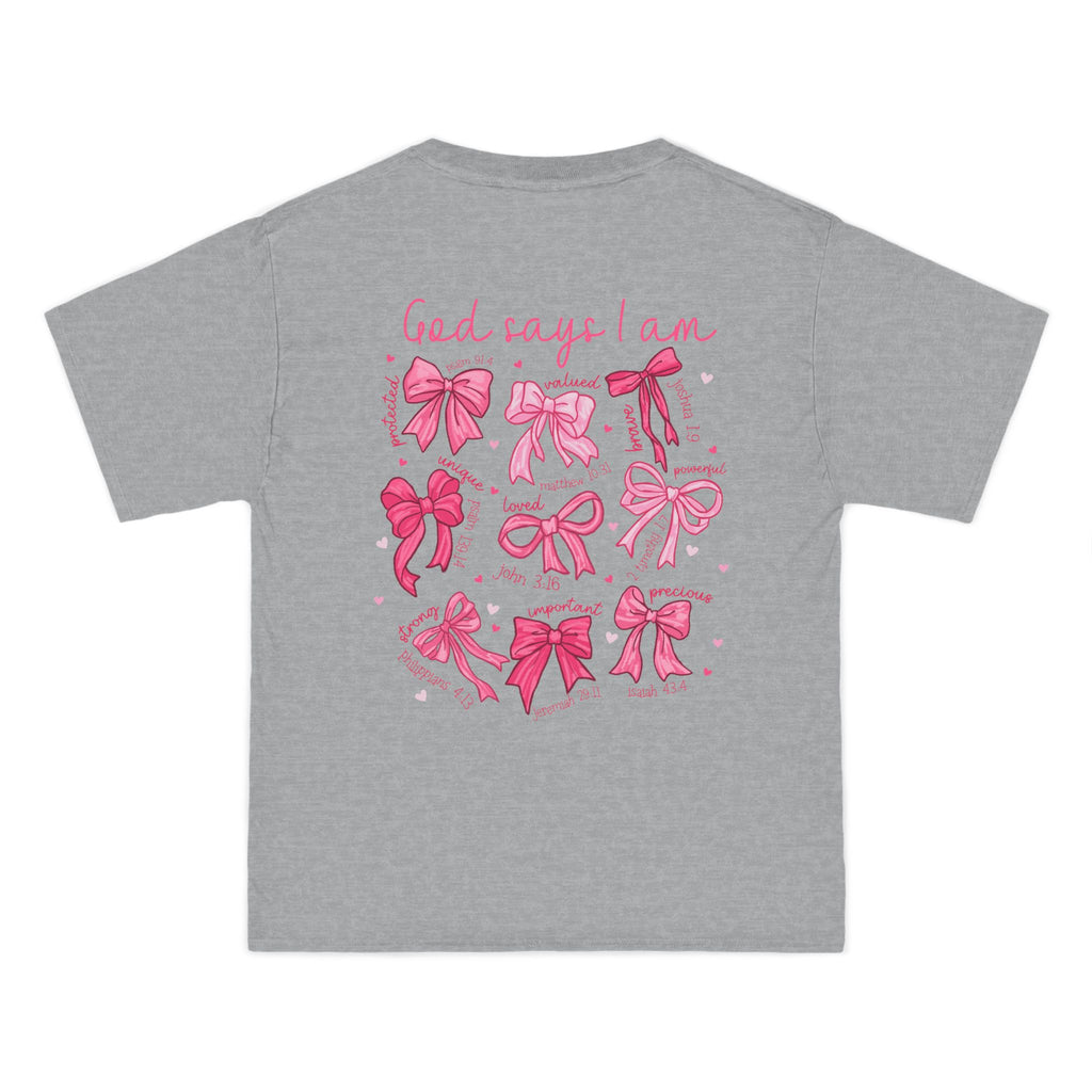 2 sided- Bow Pattern T-Shirt — 'God Says I Am' Pink Ribbon Graphic