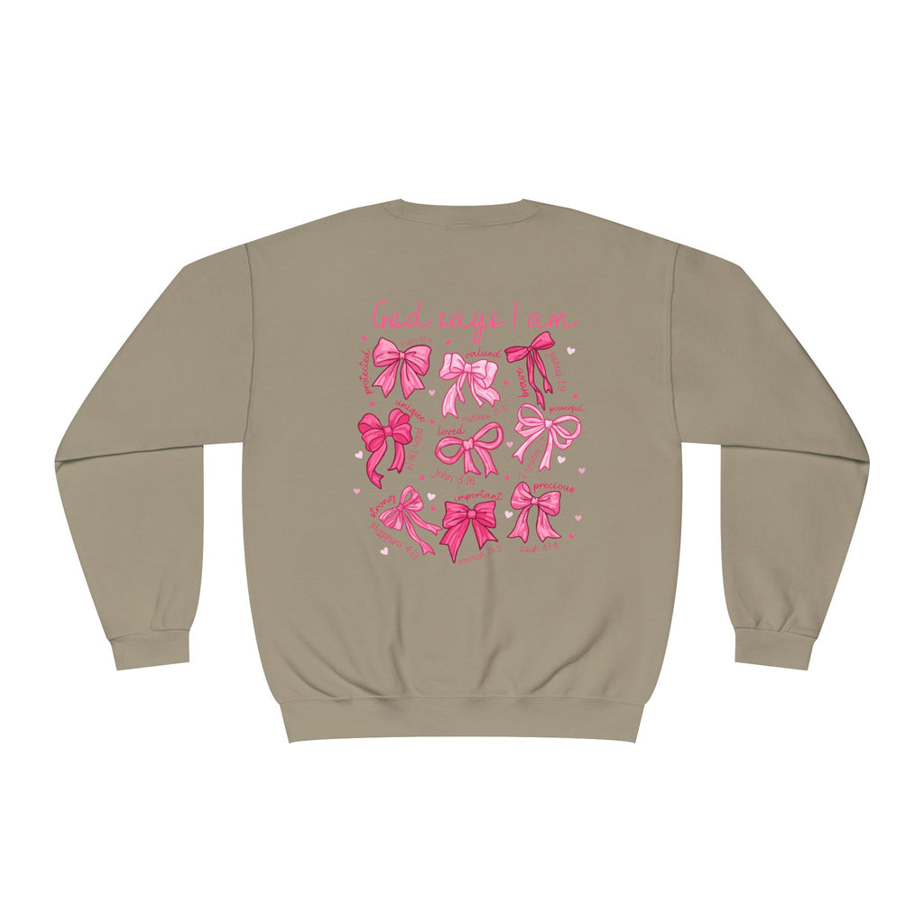 Front and back-Crewneck Sweatshirt — Pink Bow Graphic “God Says I Am” Comfort Pullover
