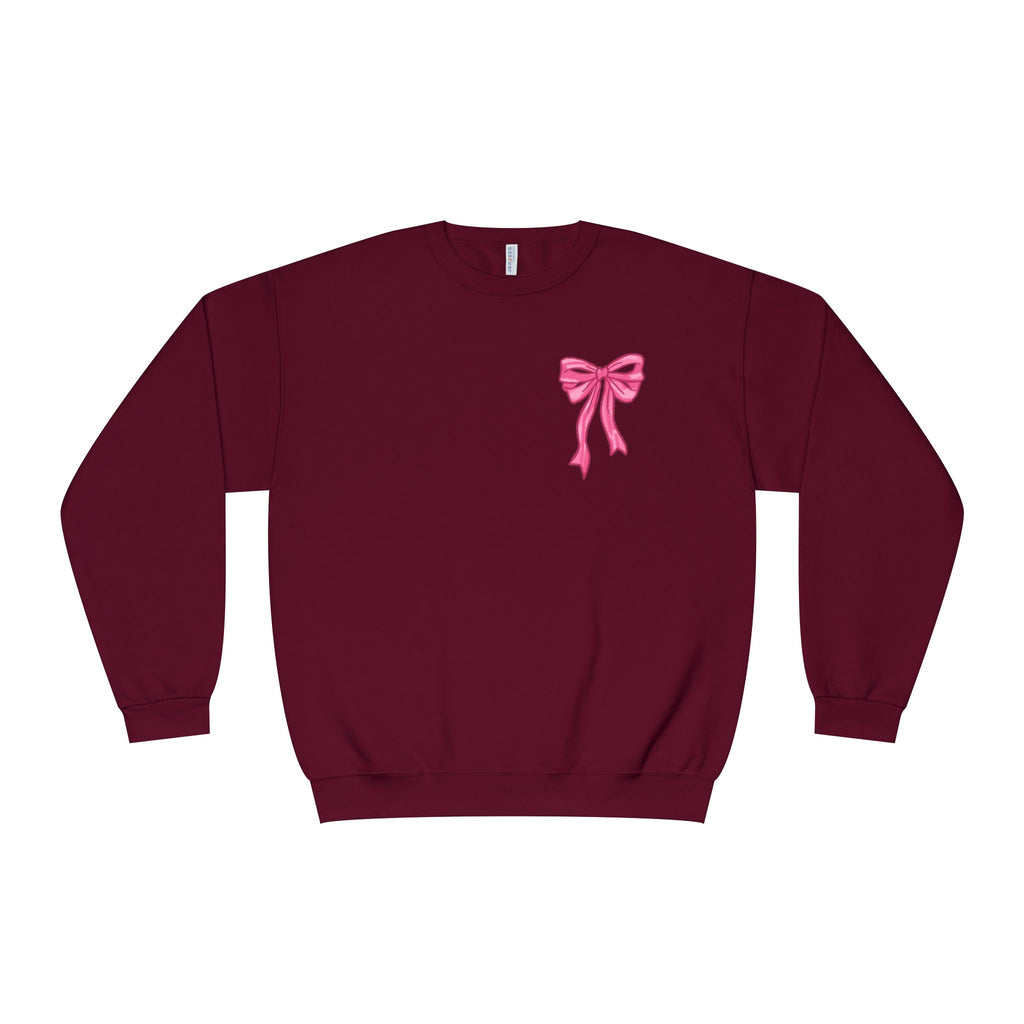 Front and back-Crewneck Sweatshirt — Pink Bow Graphic “God Says I Am” Comfort Pullover