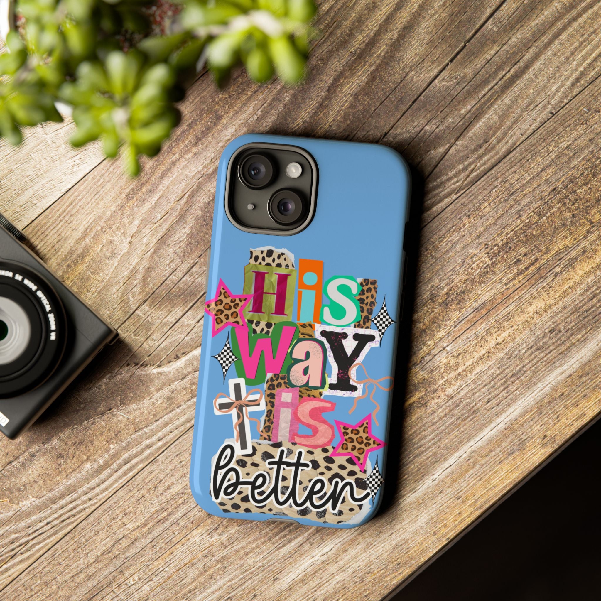 Phone Case — "His Way Is Better" Colorful Christian Cross Design (Leopard & Stars)