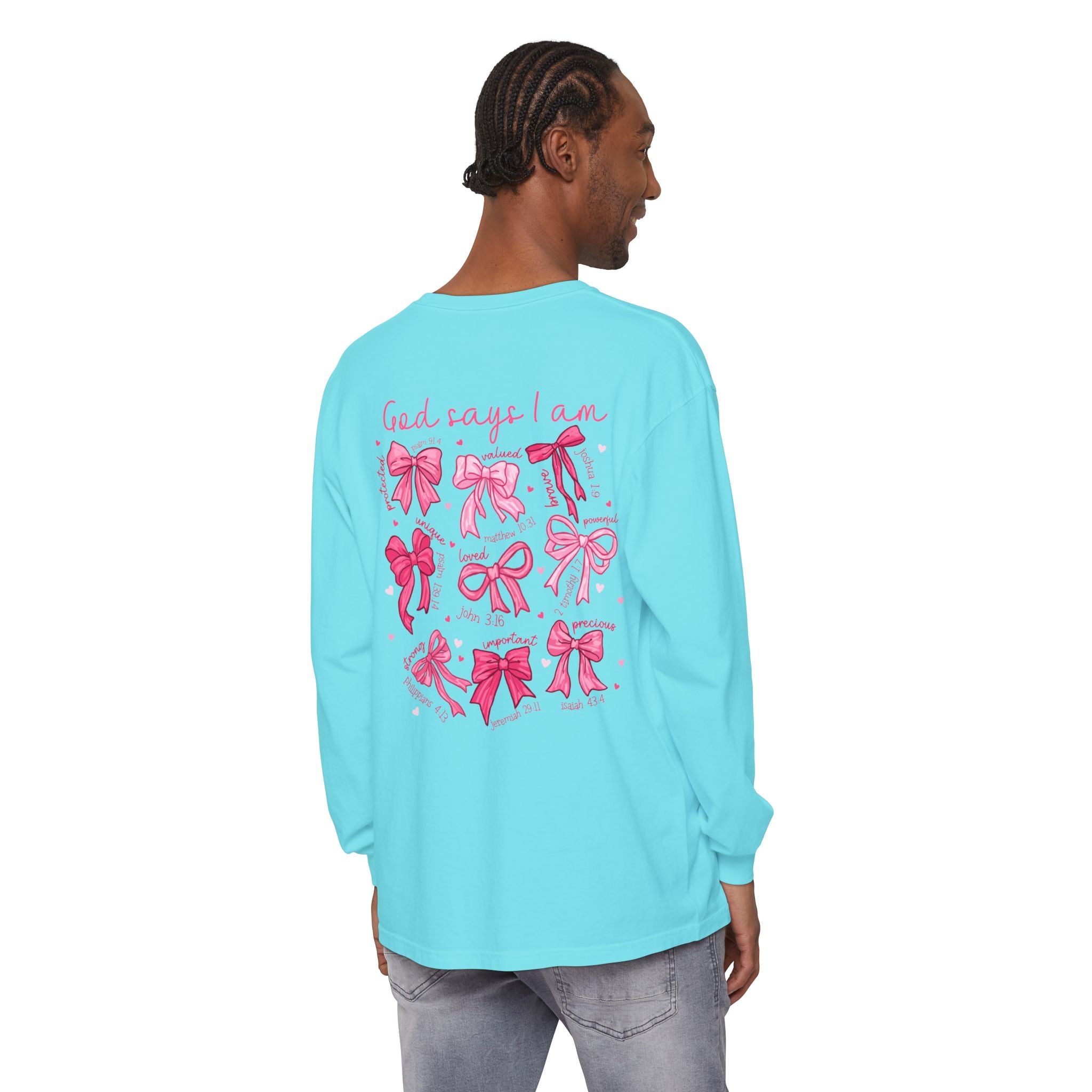 2 sided-Long Sleeve T-Shirt — “God Says I Am” Pink Bows Faith Design