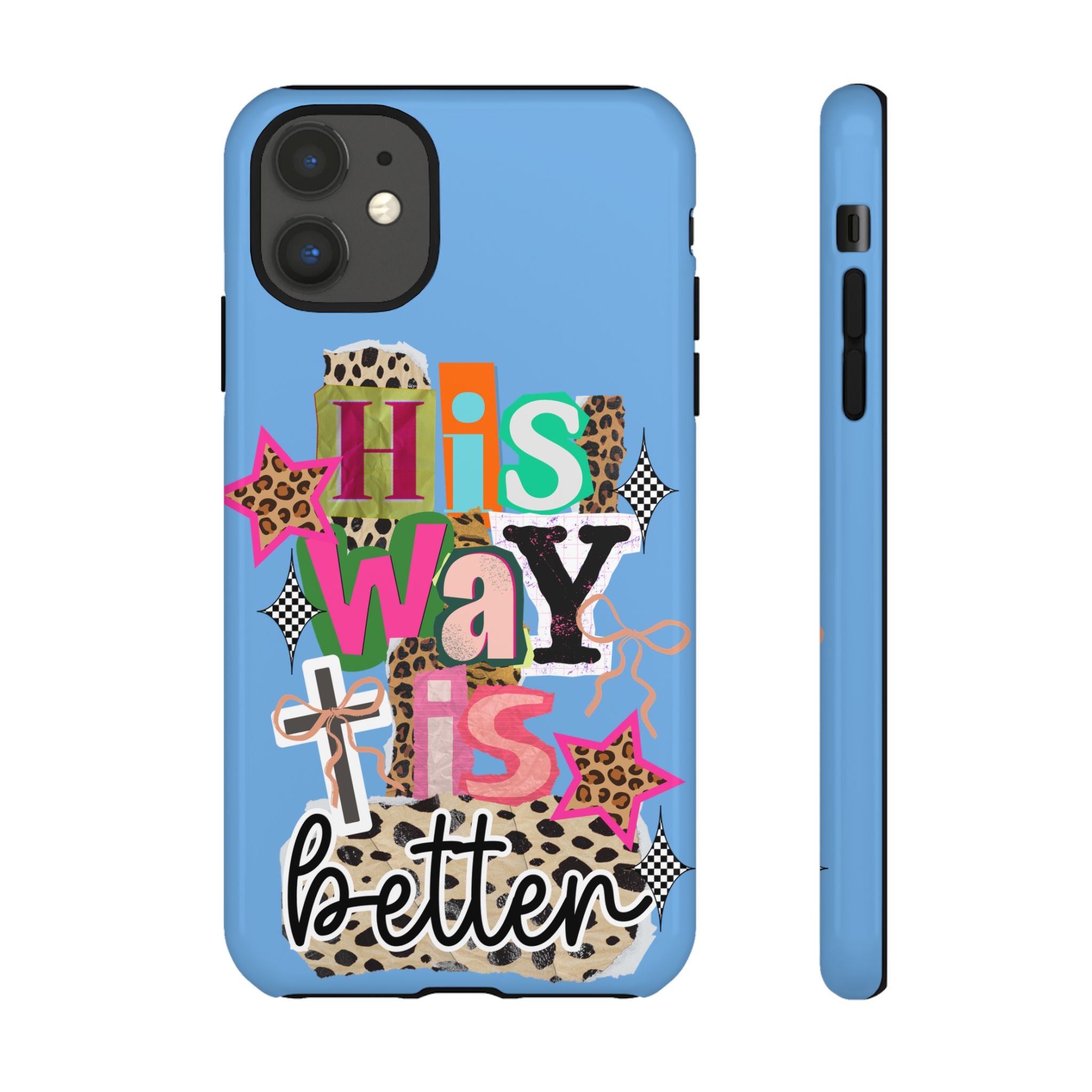 Phone Case — "His Way Is Better" Colorful Christian Cross Design (Leopard & Stars)