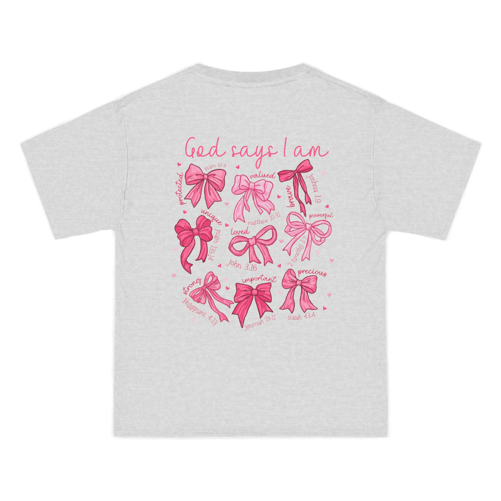 2 sided- Bow Pattern T-Shirt — 'God Says I Am' Pink Ribbon Graphic