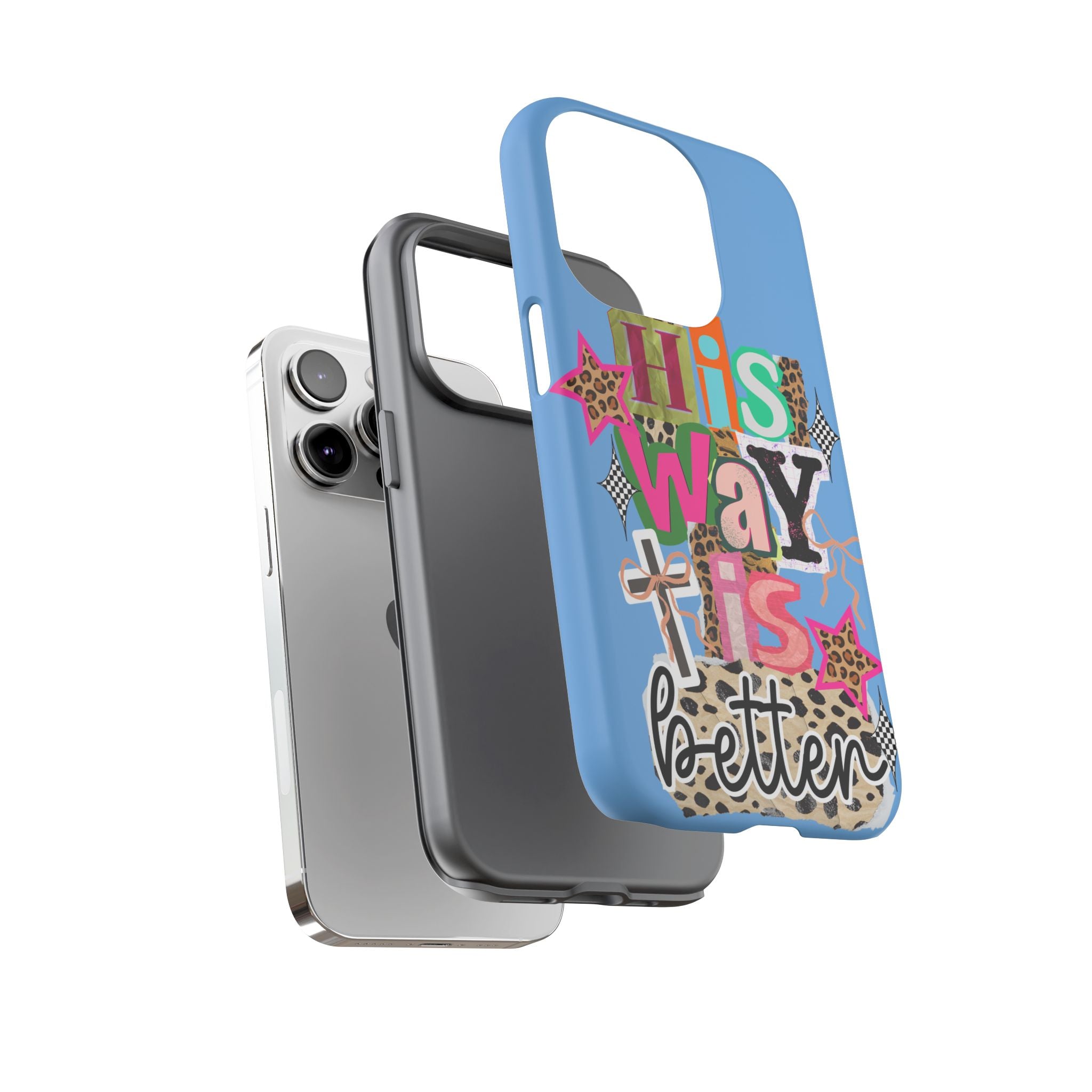 Phone Case — "His Way Is Better" Colorful Christian Cross Design (Leopard & Stars)