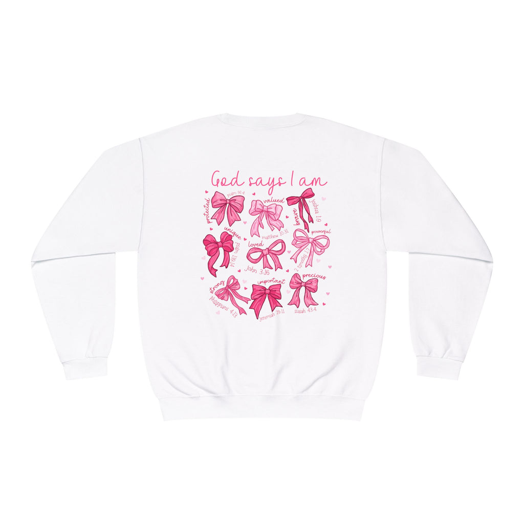 Front and back-Crewneck Sweatshirt — Pink Bow Graphic “God Says I Am” Comfort Pullover