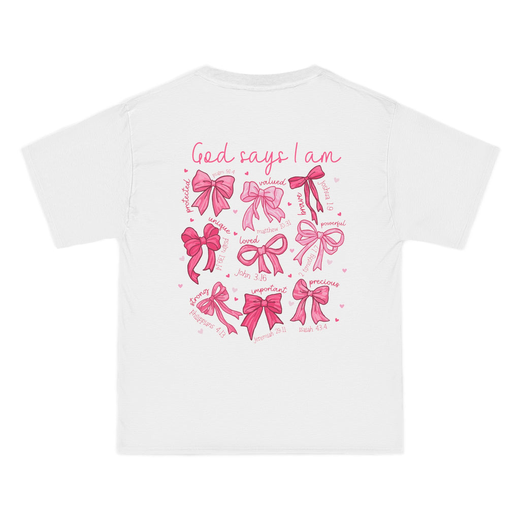 2 sided- Bow Pattern T-Shirt — 'God Says I Am' Pink Ribbon Graphic
