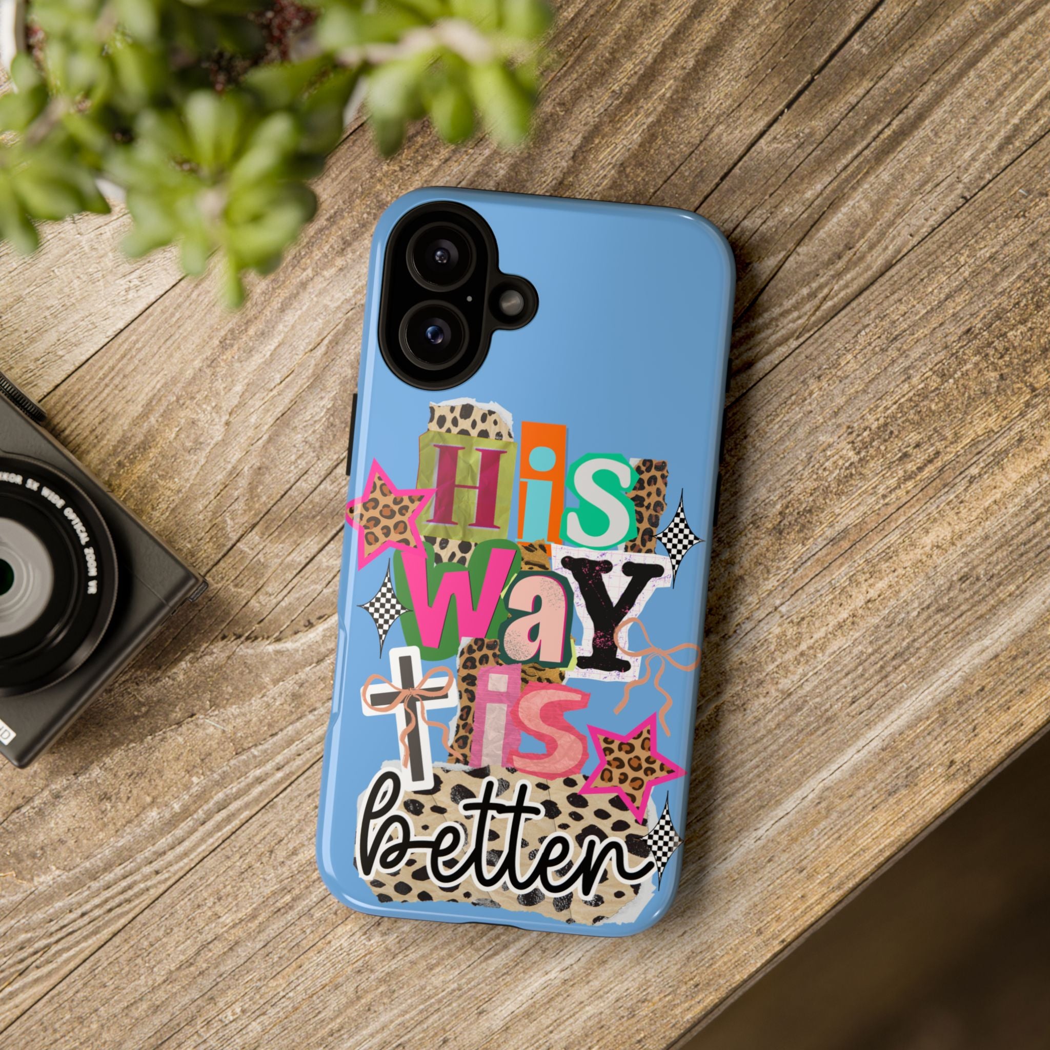 Phone Case — "His Way Is Better" Colorful Christian Cross Design (Leopard & Stars)