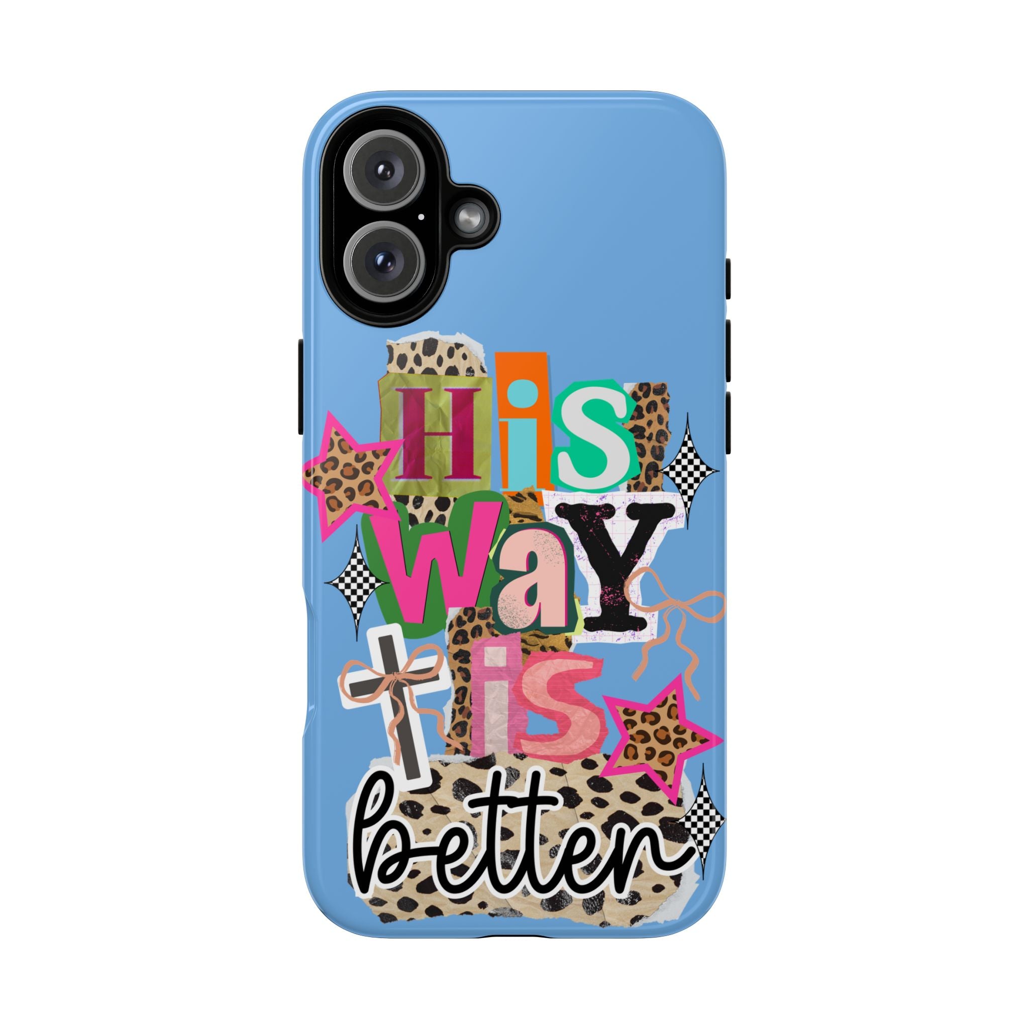 Phone Case — "His Way Is Better" Colorful Christian Cross Design (Leopard & Stars)