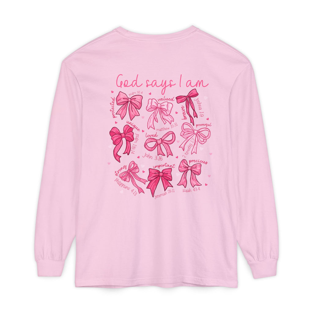 2 sided-Long Sleeve T-Shirt — “God Says I Am” Pink Bows Faith Design