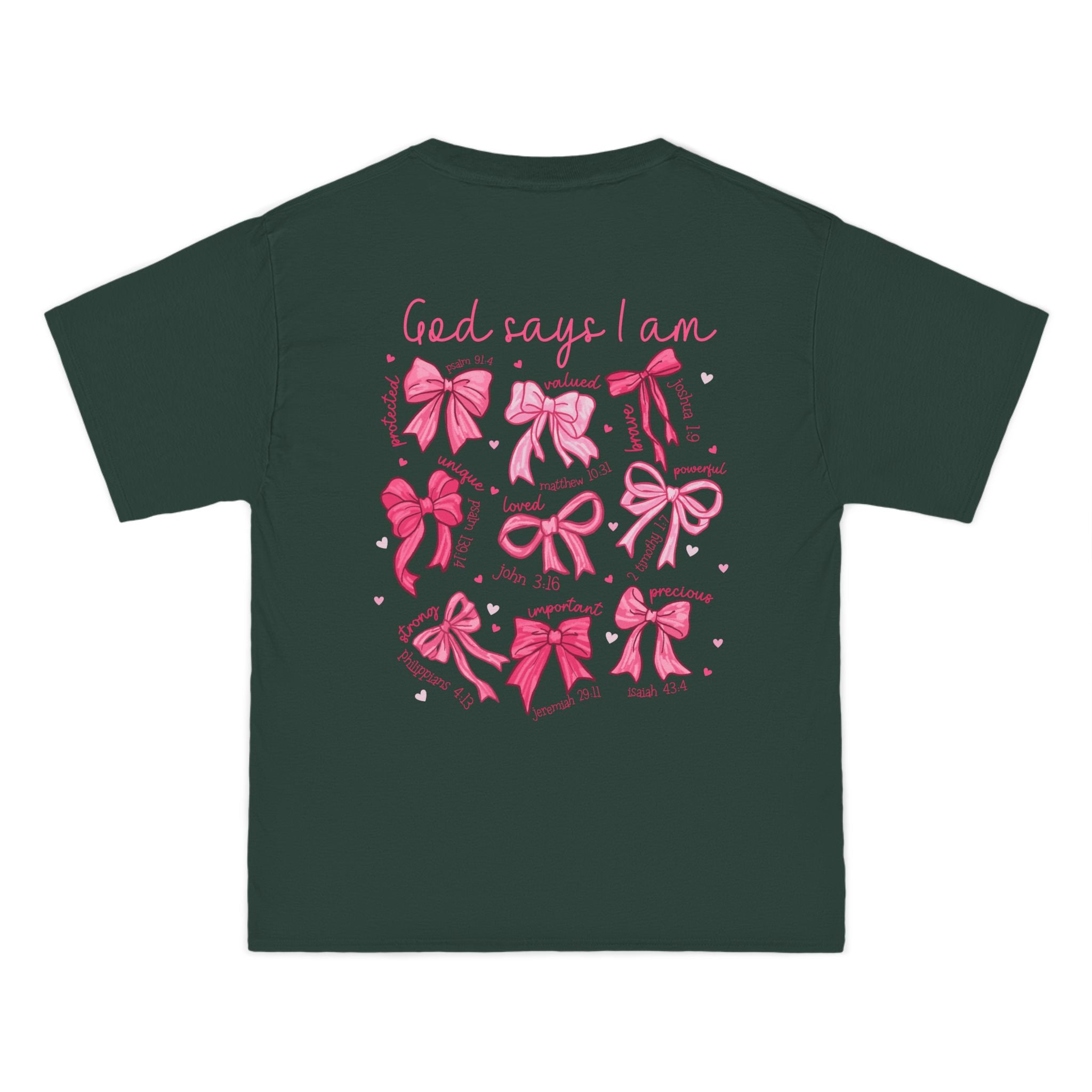 2 sided- Bow Pattern T-Shirt — 'God Says I Am' Pink Ribbon Graphic