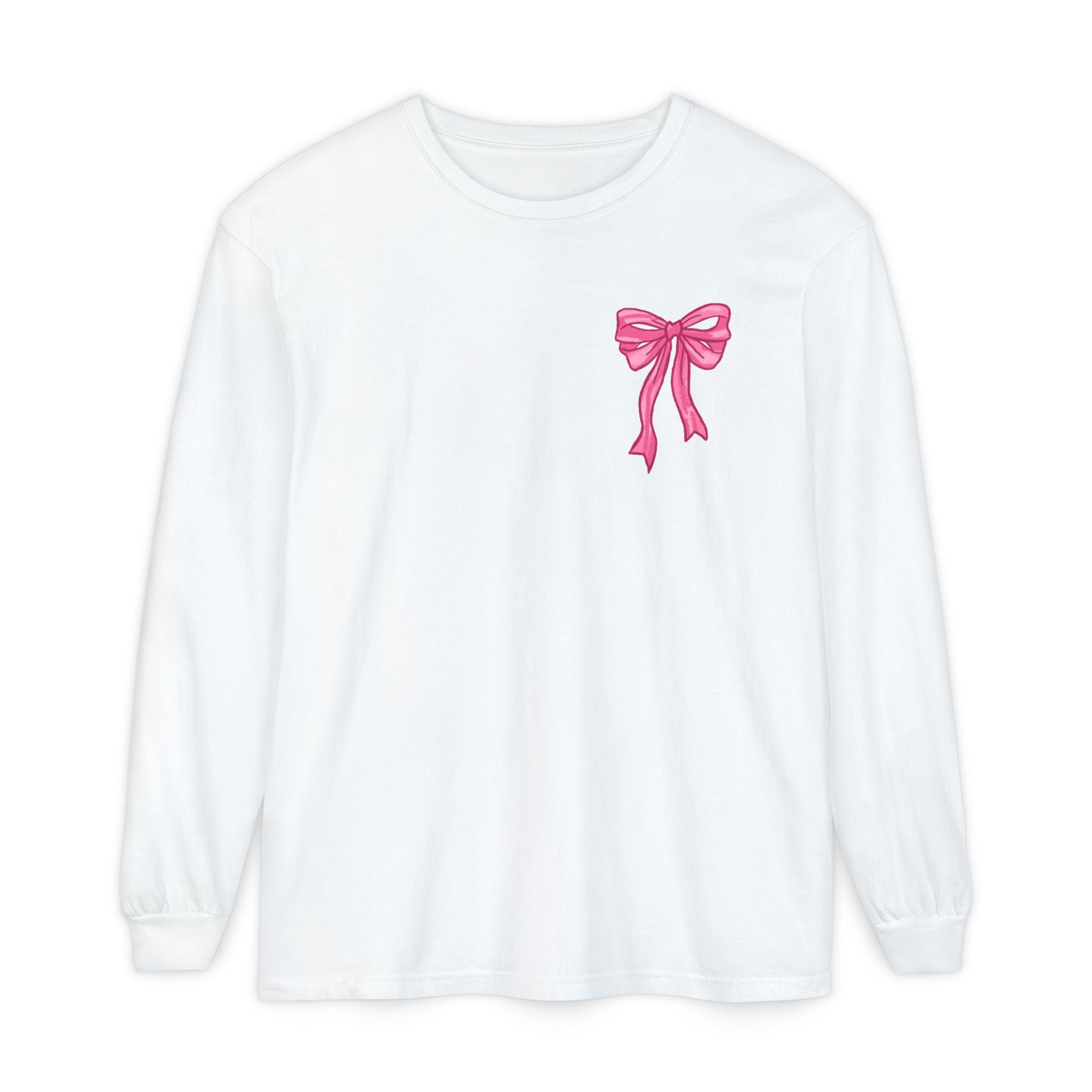 2 sided-Long Sleeve T-Shirt — “God Says I Am” Pink Bows Faith Design