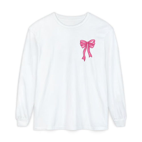 2 sided-Long Sleeve T-Shirt — “God Says I Am” Pink Bows Faith Design