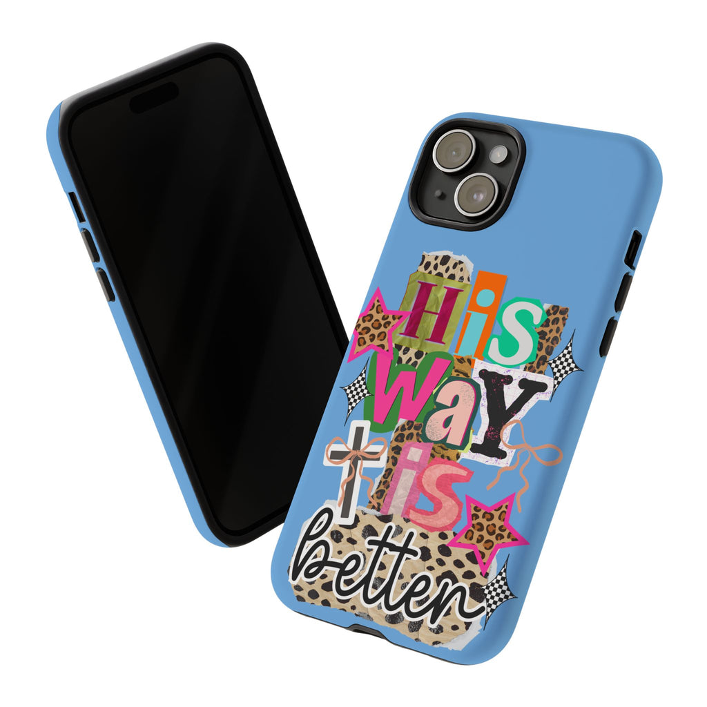 Phone Case — "His Way Is Better" Colorful Christian Cross Design (Leopard & Stars)