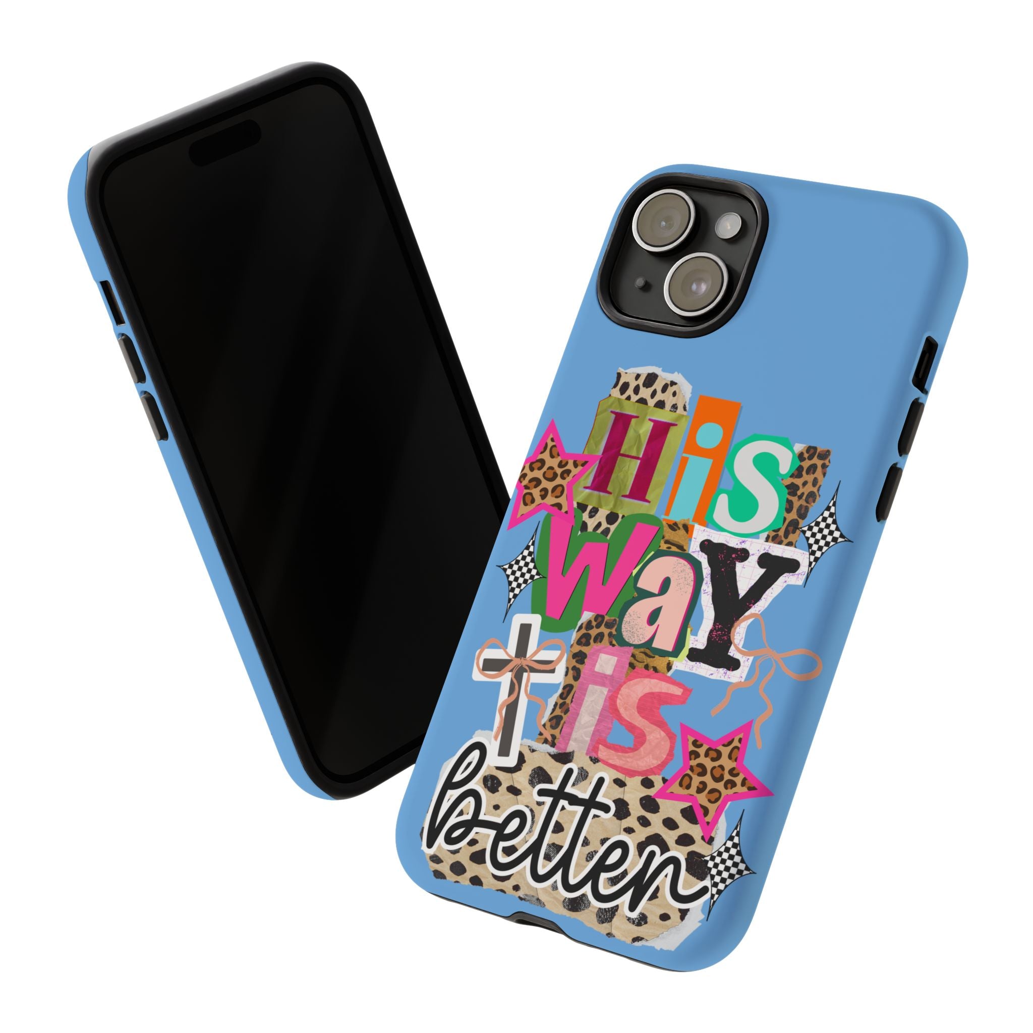 Phone Case — "His Way Is Better" Colorful Christian Cross Design (Leopard & Stars)