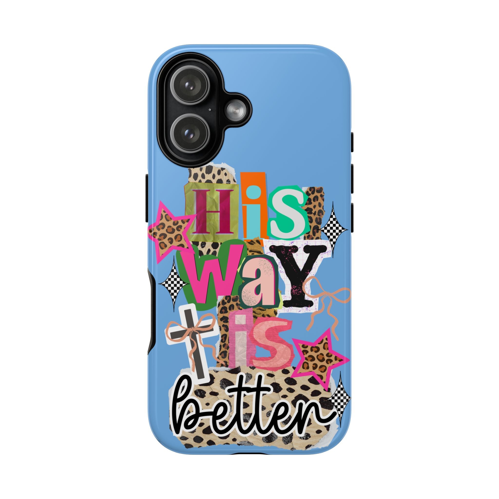 Phone Case — "His Way Is Better" Colorful Christian Cross Design (Leopard & Stars)