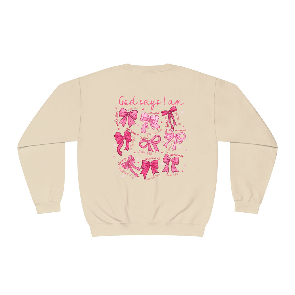 Front and back-Crewneck Sweatshirt — Pink Bow Graphic “God Says I Am” Comfort Pullover