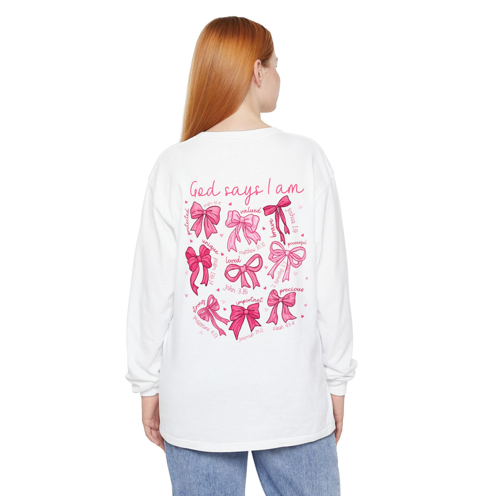 2 sided-Long Sleeve T-Shirt — “God Says I Am” Pink Bows Faith Design