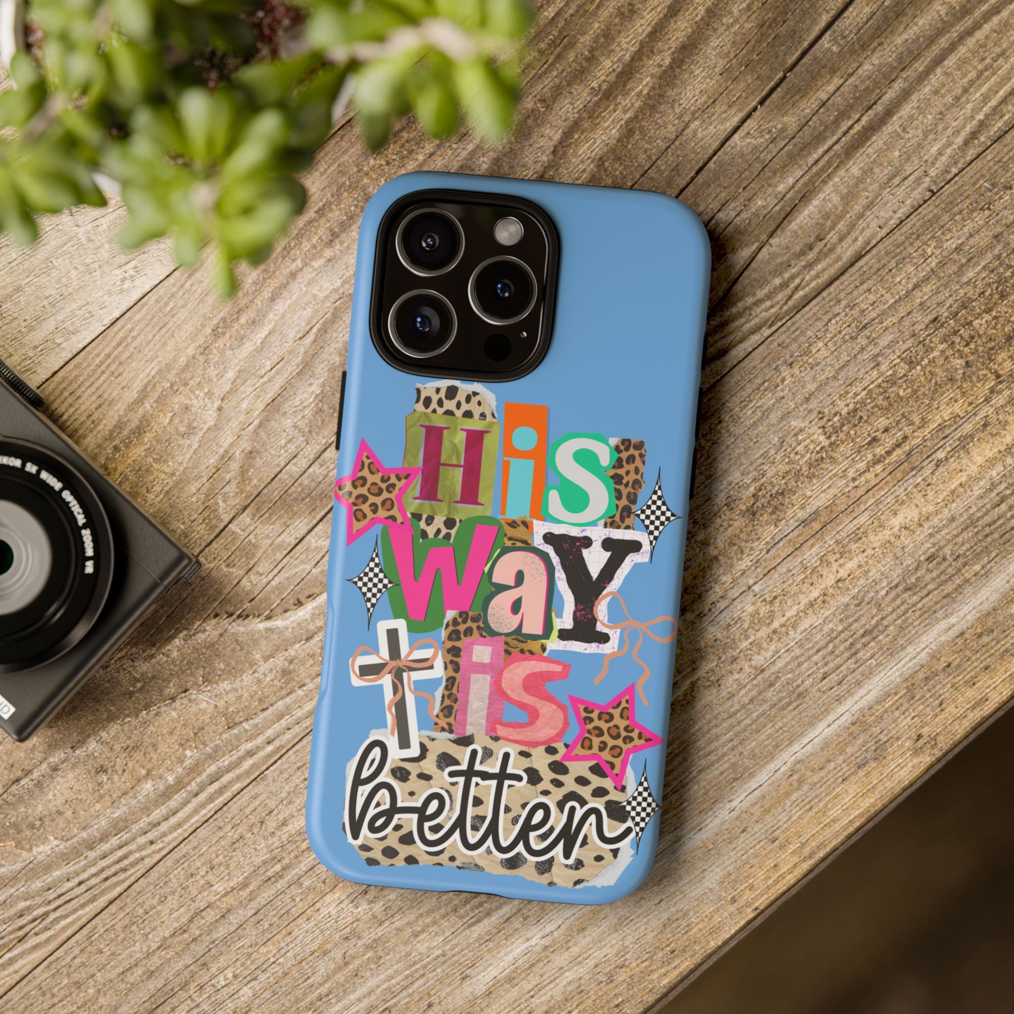 Phone Case — "His Way Is Better" Colorful Christian Cross Design (Leopard & Stars)