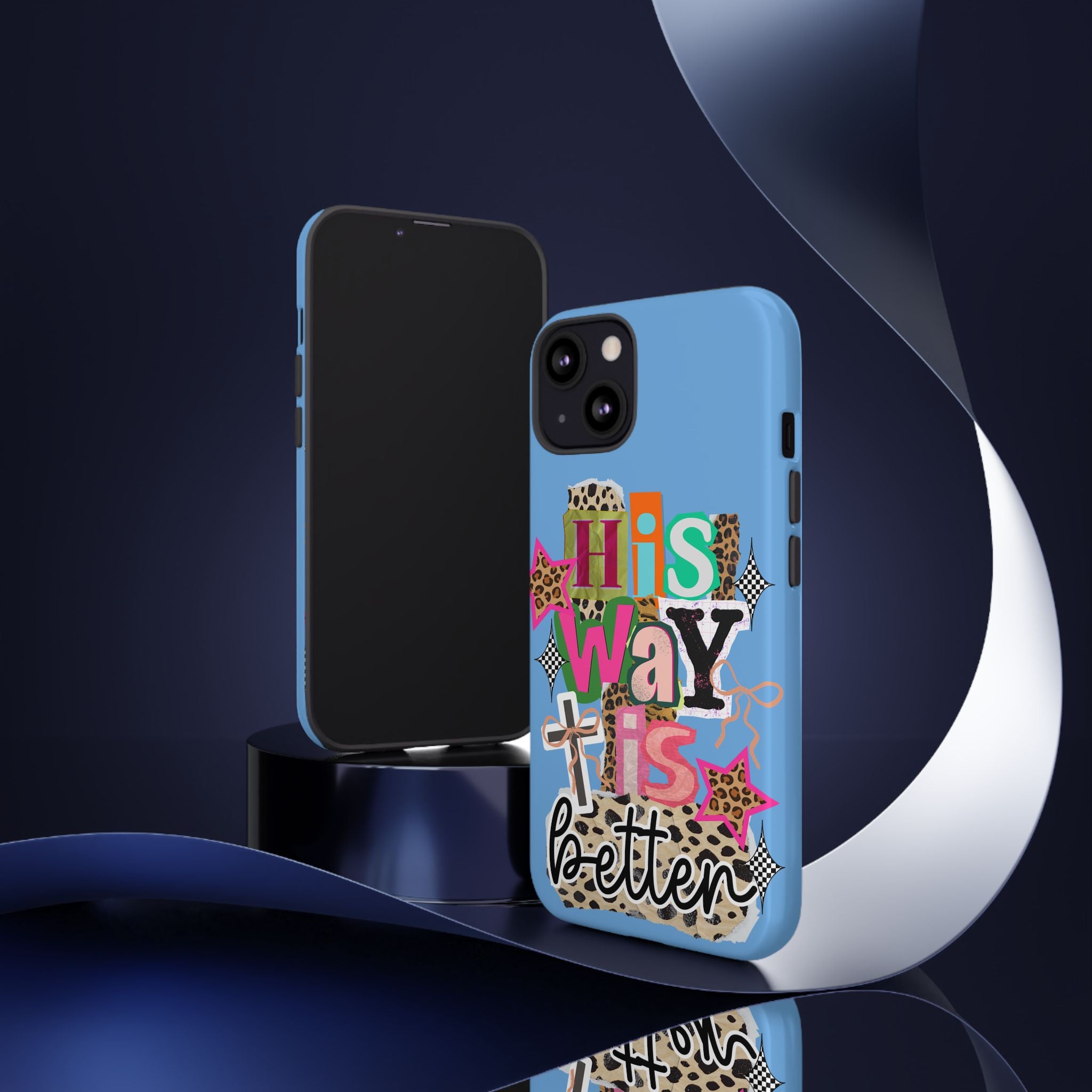 Phone Case — "His Way Is Better" Colorful Christian Cross Design (Leopard & Stars)