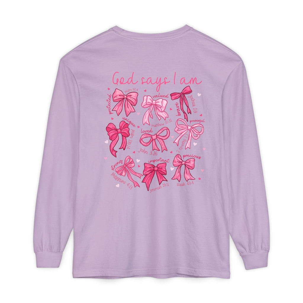 2 sided-Long Sleeve T-Shirt — “God Says I Am” Pink Bows Faith Design