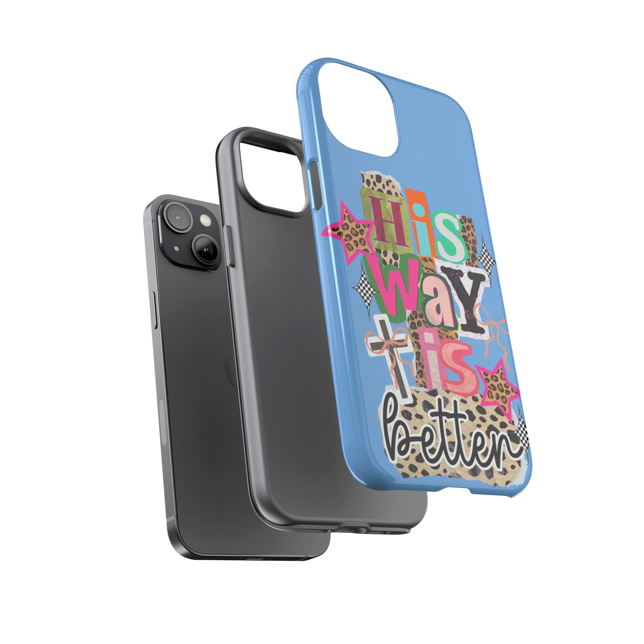 Phone Case — "His Way Is Better" Colorful Christian Cross Design (Leopard & Stars)