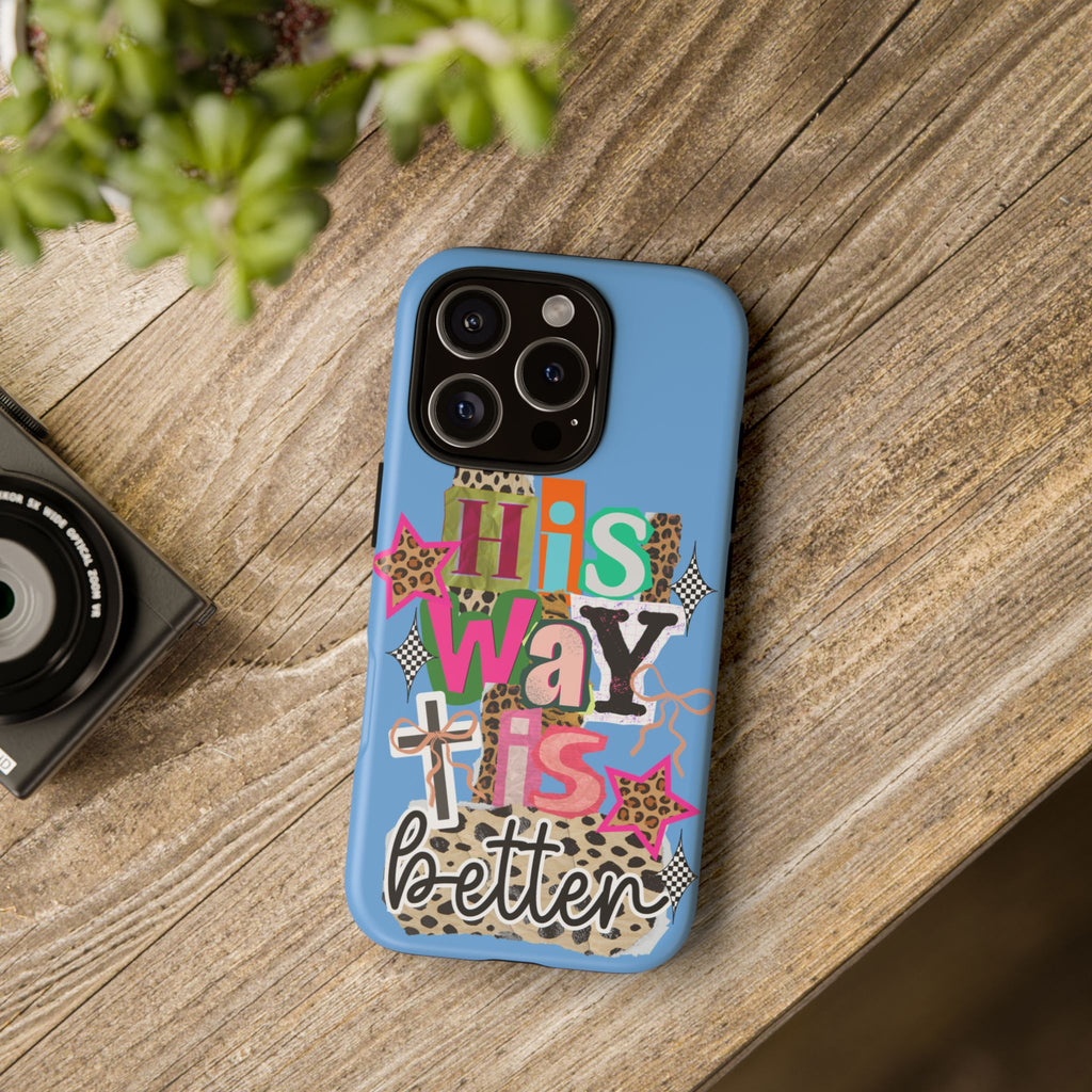 Phone Case — "His Way Is Better" Colorful Christian Cross Design (Leopard & Stars)