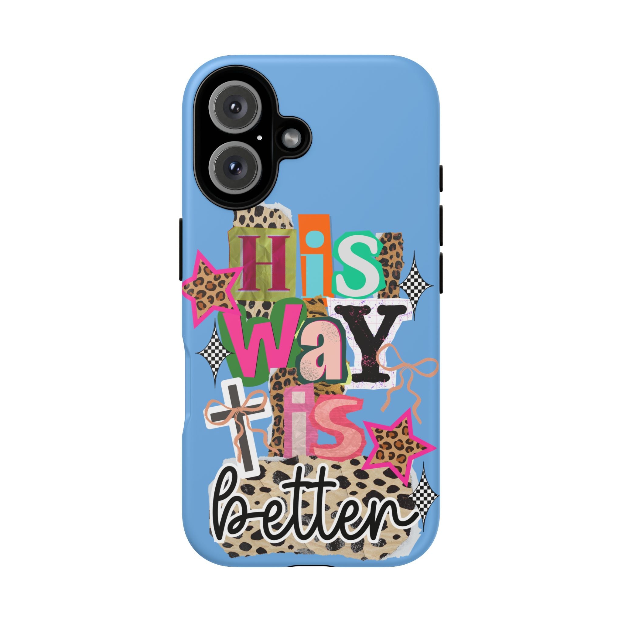 Phone Case — "His Way Is Better" Colorful Christian Cross Design (Leopard & Stars)